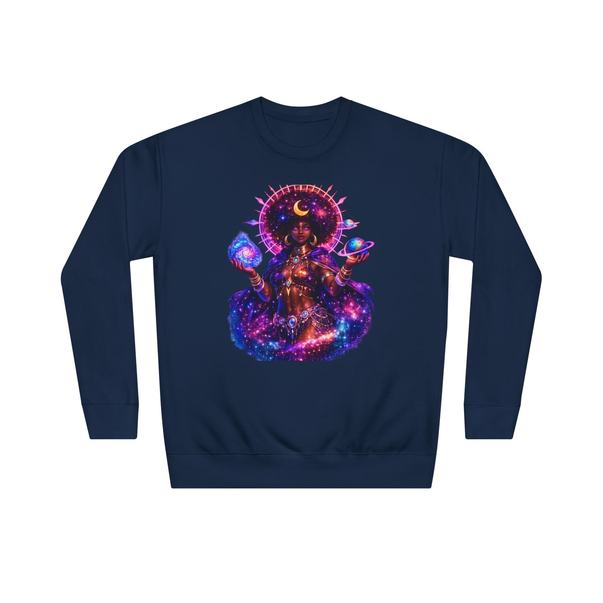 Cosmic Goddess Crewneck Sweatshirt — Neon Space Oracle Graphic Printify