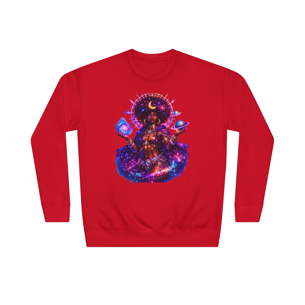 Cosmic Goddess Crewneck Sweatshirt — Neon Space Oracle Graphic Printify