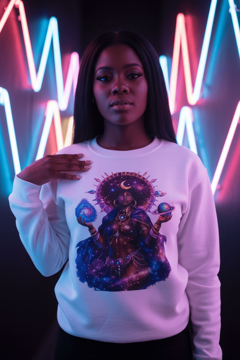 Solar Goddess White Sweatshirt Close-Up Detail Lifestyle