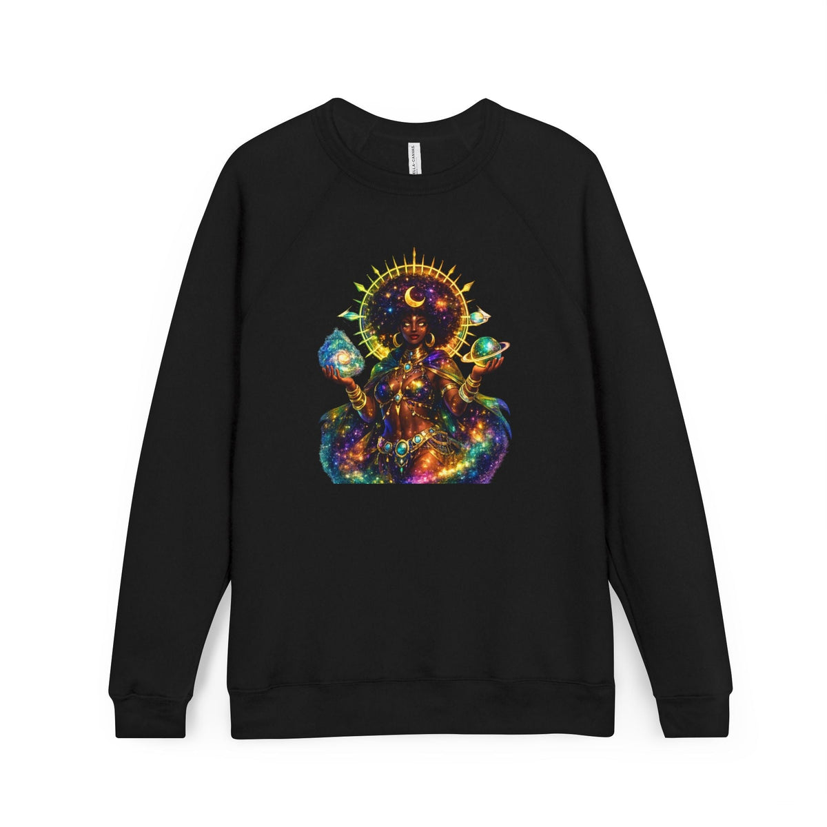 JR Vortex Cosmic Goddess raglan crewneck sweatshirt with celestial goddess art