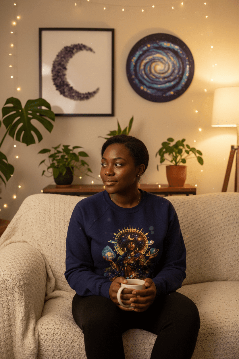 Cosmic Goddess Sweatshirt in a cozy home setting – JR Vortex lifestyle