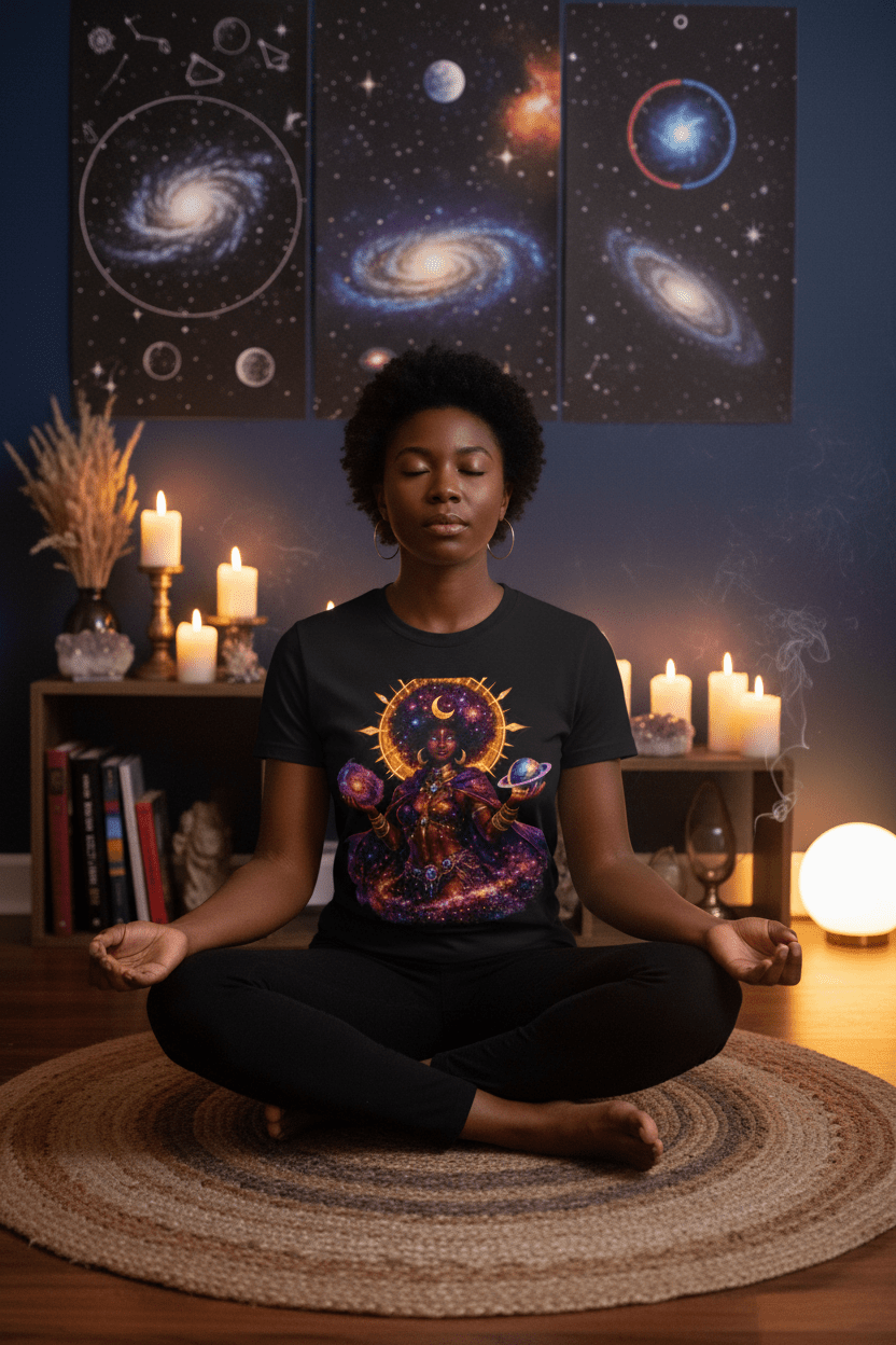 Solar Goddess Black Tee Spiritual Meditation Lifestyle