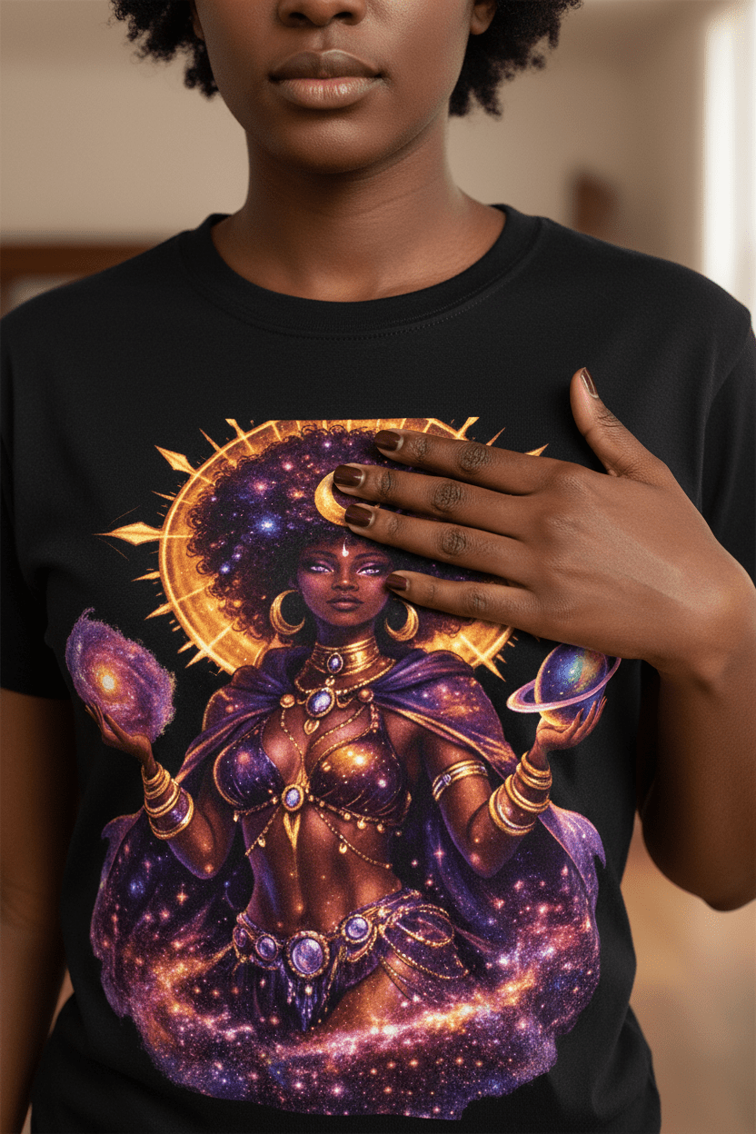 Solar Goddess Black Tee Close-Up Detail Lifestyle