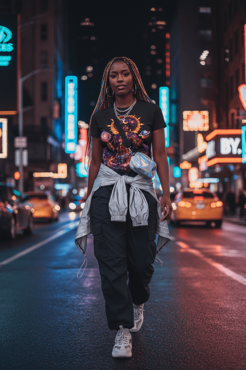 Solar Goddess Black Tee Streetwear City Lights Lifestyle