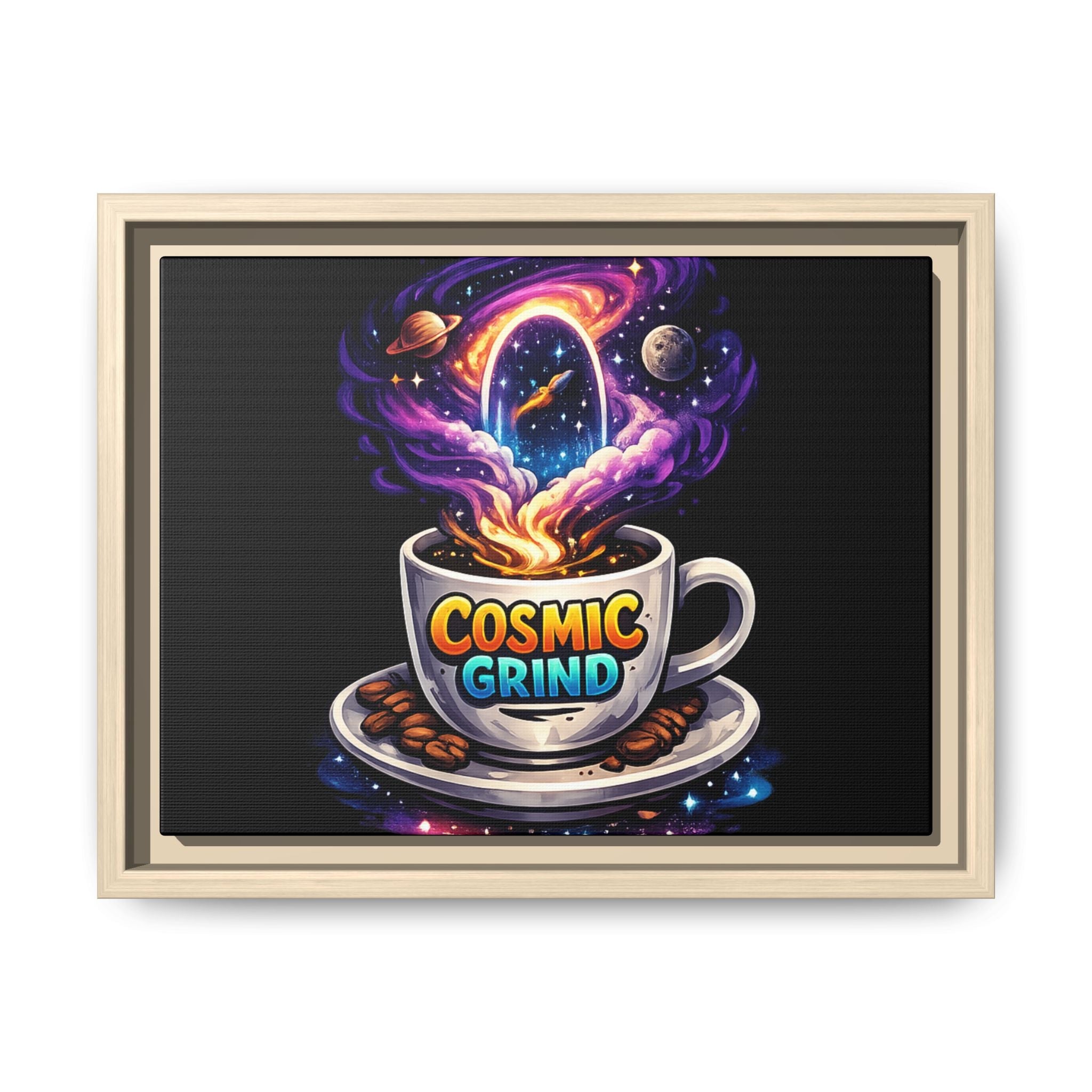 Cosmic Grind Coffee Canvas Art – Framed Space Coffee Wall Decor Printify