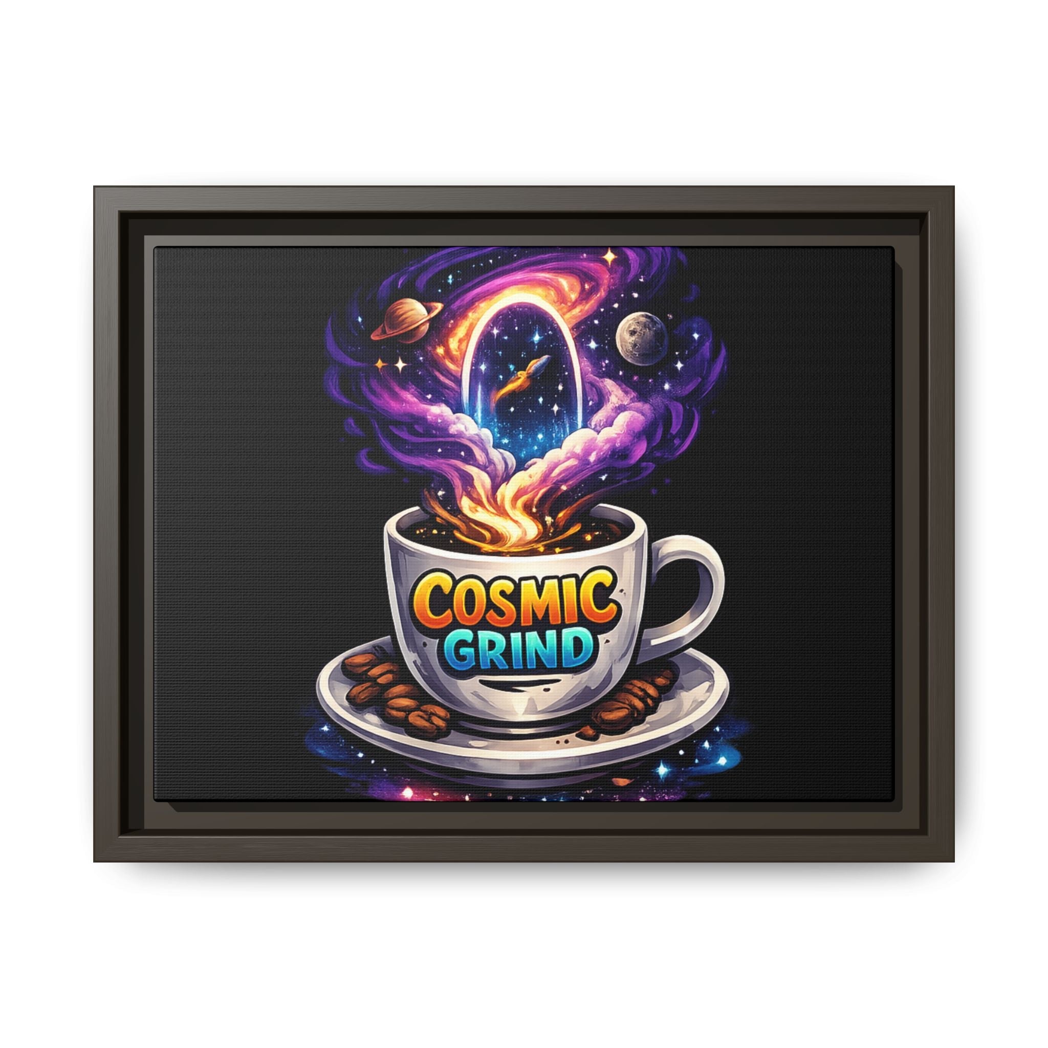 Cosmic Grind Coffee Canvas Art – Framed Space Coffee Wall Decor Printify