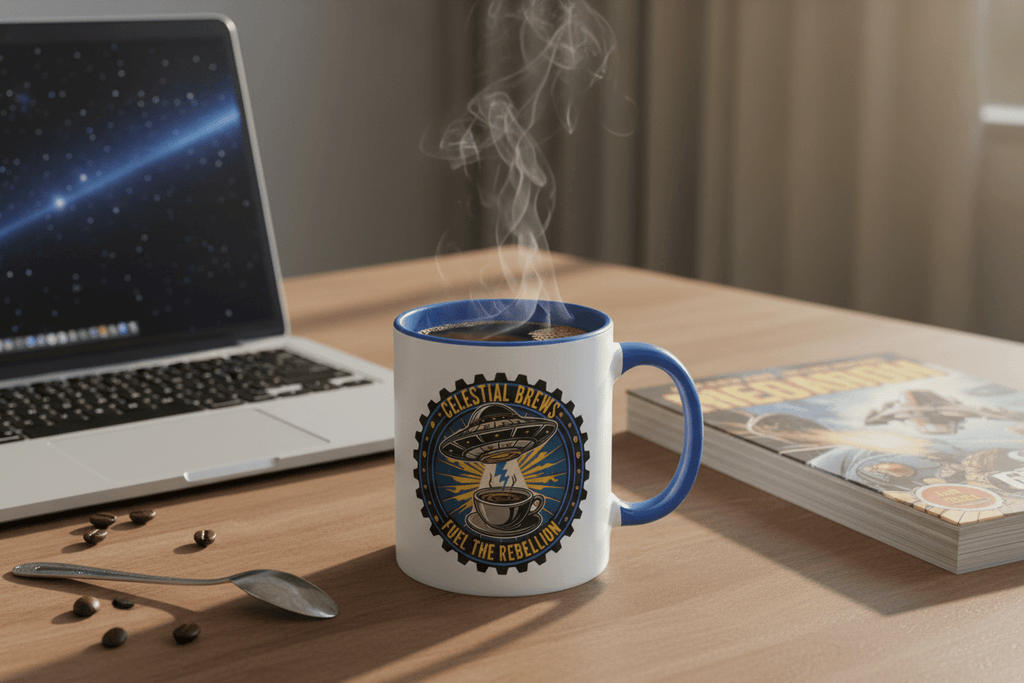 Celestial Brews white mug lifestyle scene