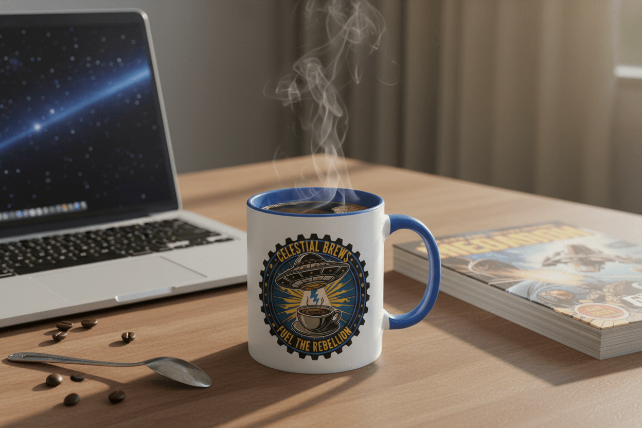 Celestial Brews white mug lifestyle scene