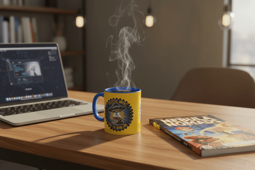 Celestial Brews yellow mug lifestyle scene