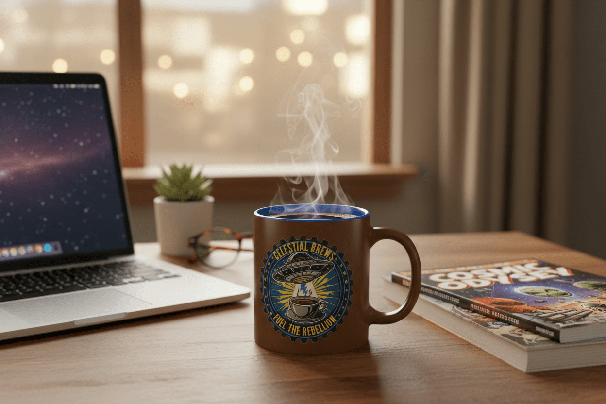 Celestial Brews mug lifestyle scene on wooden desk