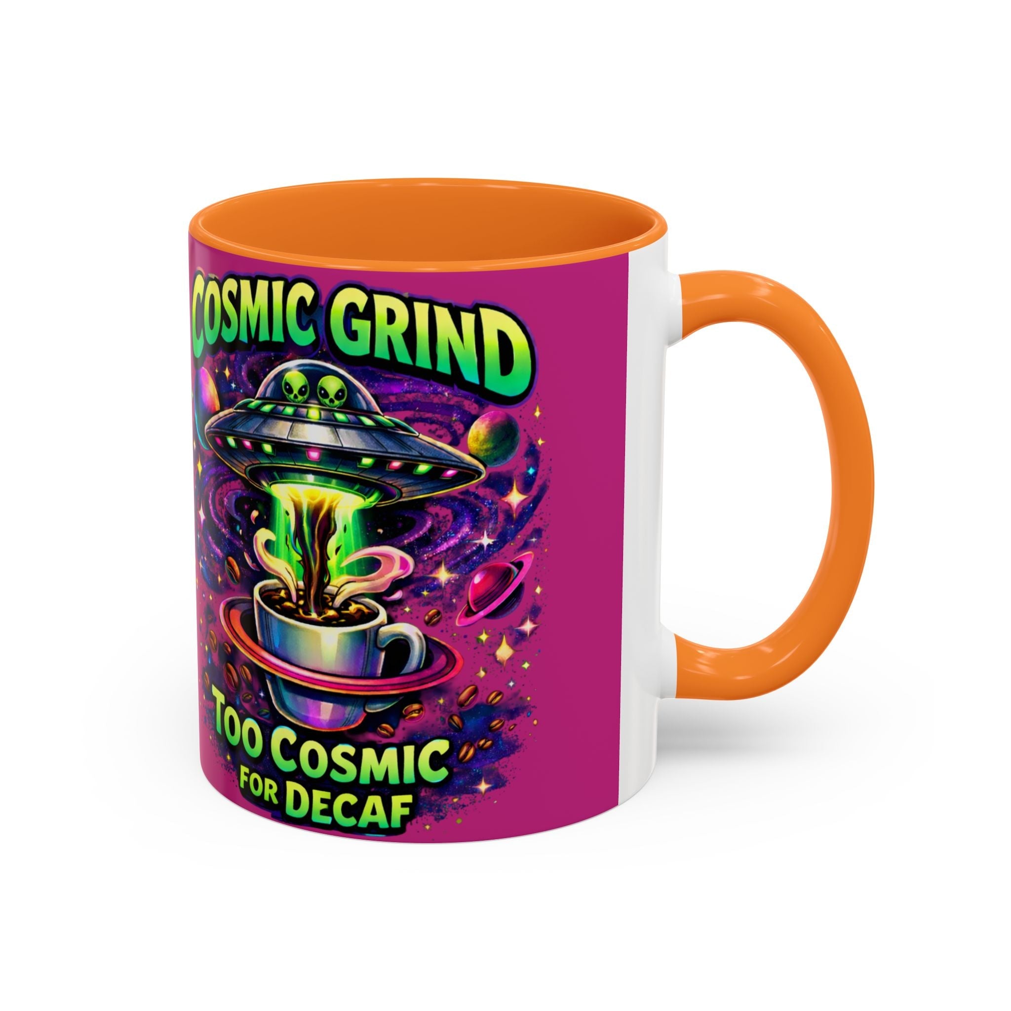 Cosmic Grind Coffee Mug — "Too Cosmic for Decaf" Colorful 11oz/15oz Ceramic Printify