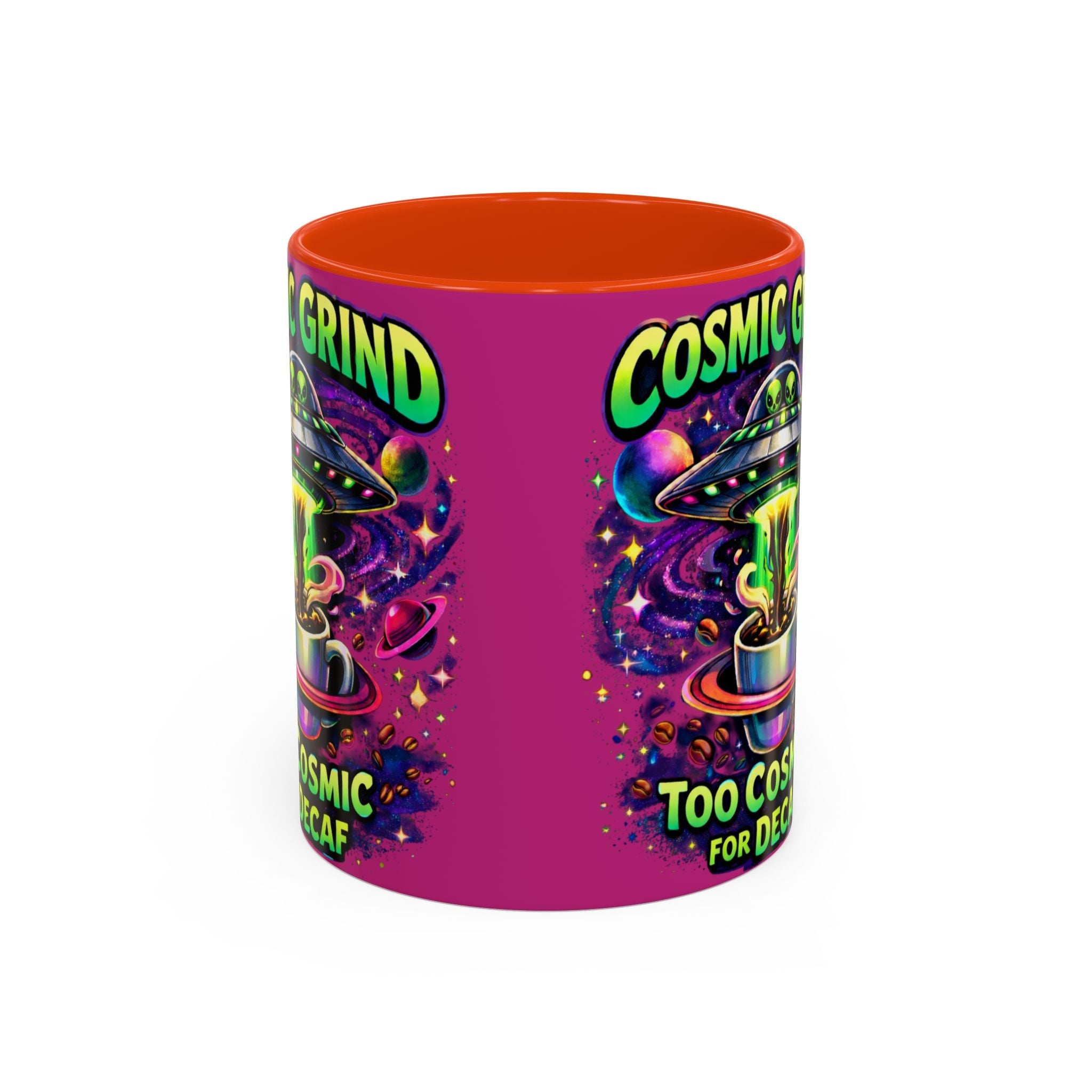 Cosmic Grind Coffee Mug — "Too Cosmic for Decaf" Colorful 11oz/15oz Ceramic Printify