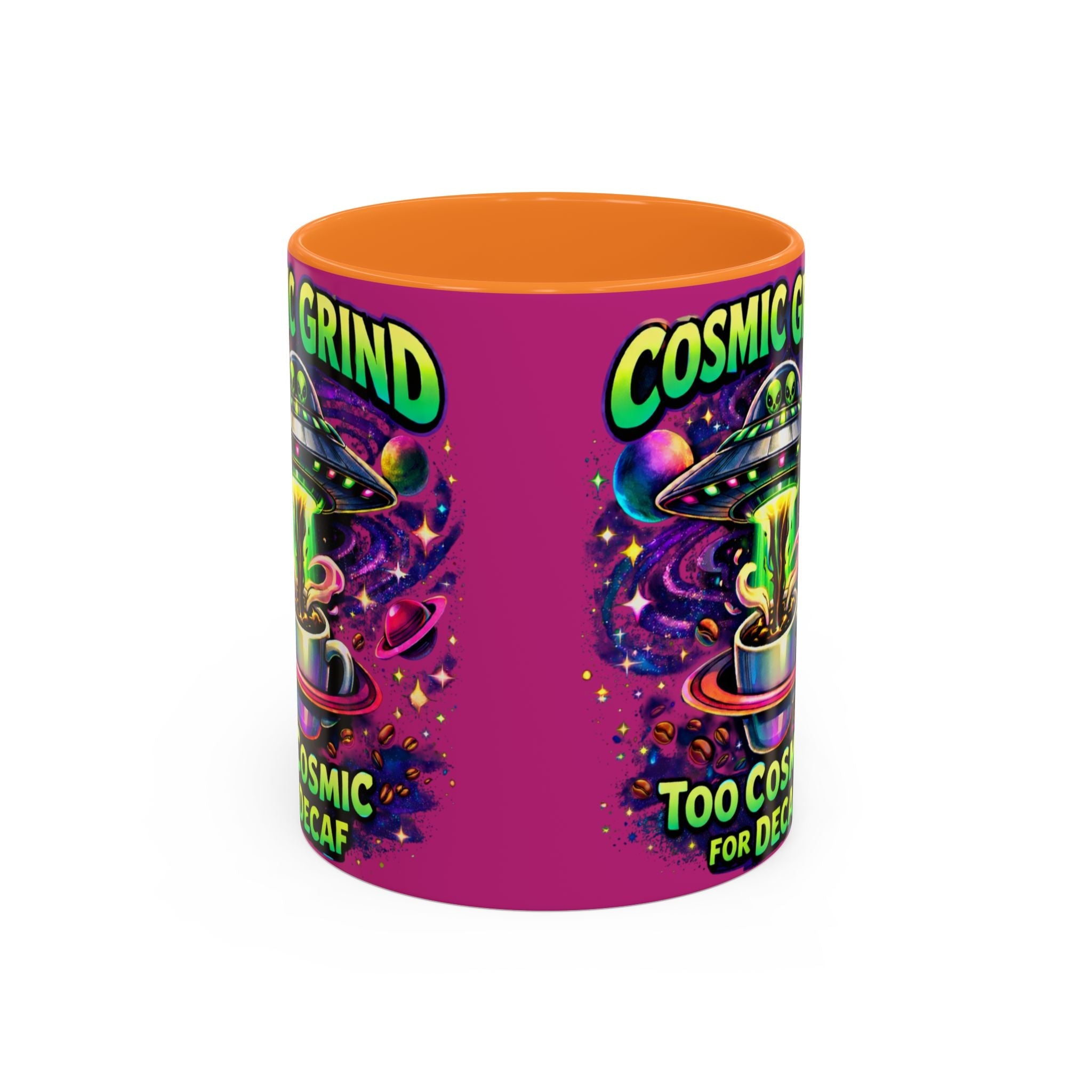 Cosmic Grind Coffee Mug — "Too Cosmic for Decaf" Colorful 11oz/15oz Ceramic Printify