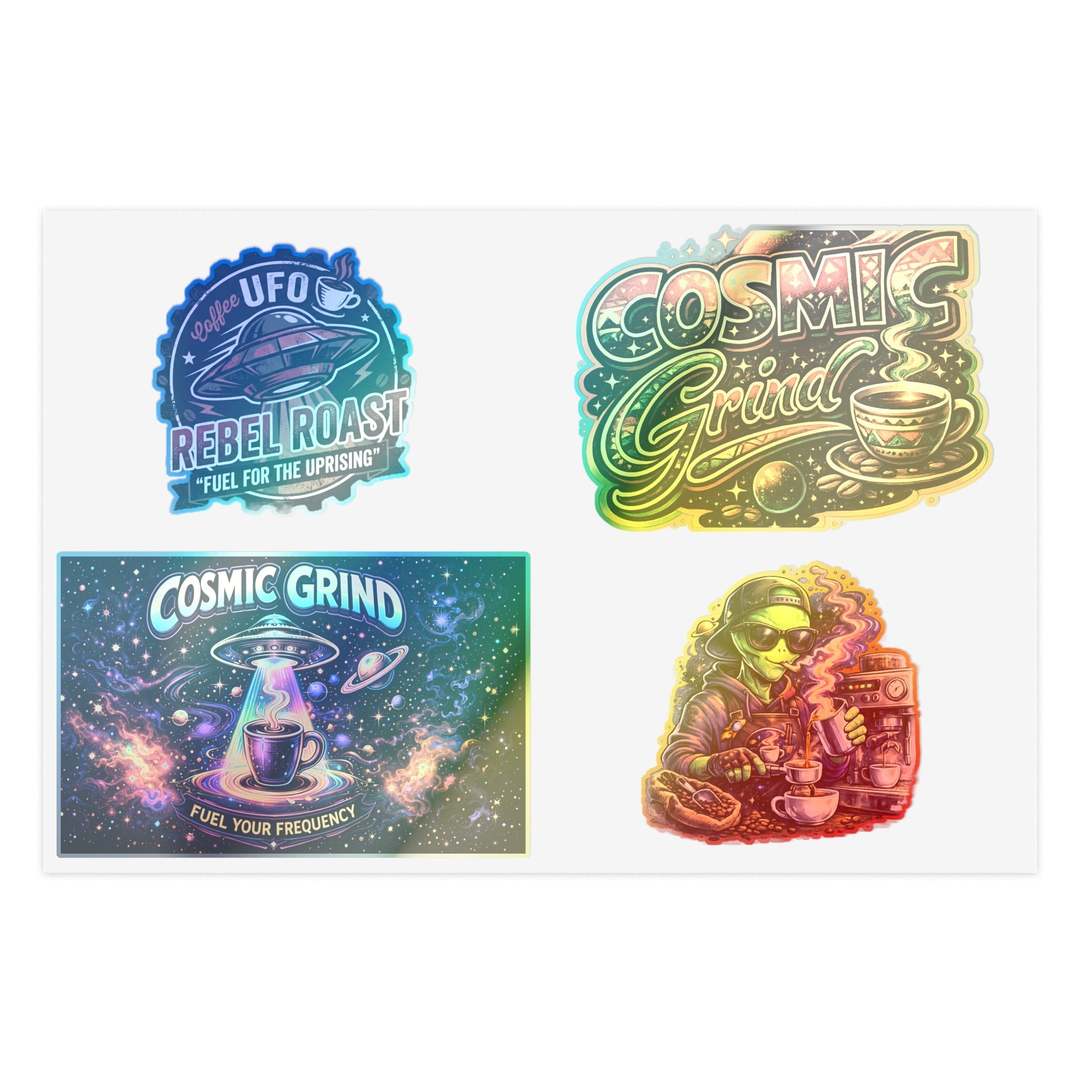 Cosmic Grind Coffee Sticker Sheet — Space Coffee, UFO & Alien Brew Decals Printify