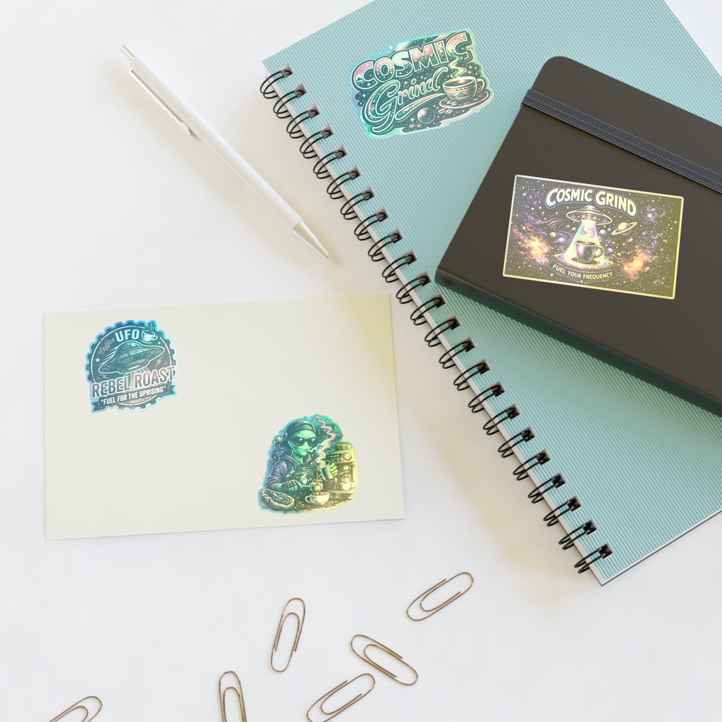 Cosmic Grind Coffee Sticker Sheet — Space Coffee, UFO & Alien Brew Decals Printify
