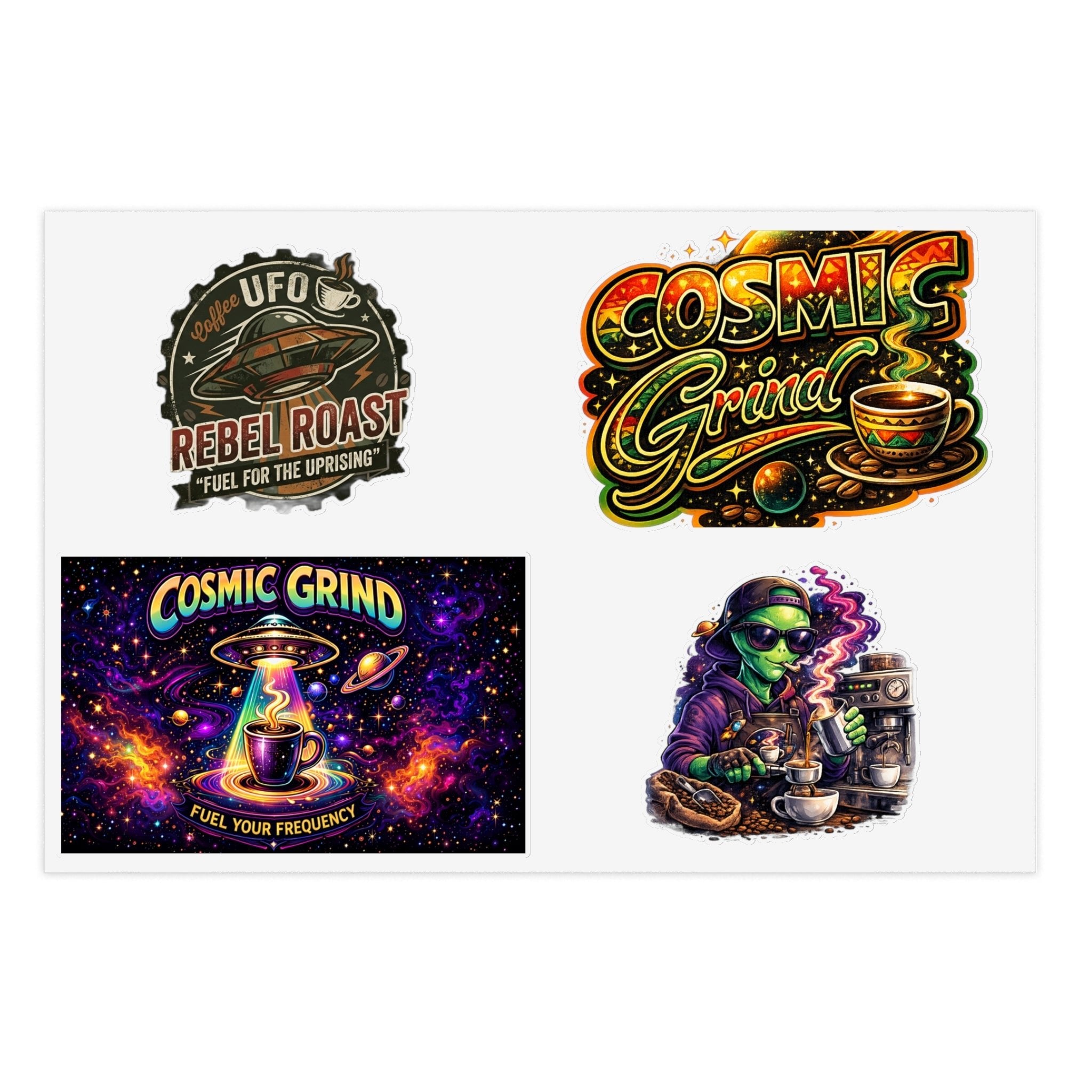 Cosmic Grind Coffee Sticker Sheet — Space Coffee, UFO & Alien Brew Decals Printify