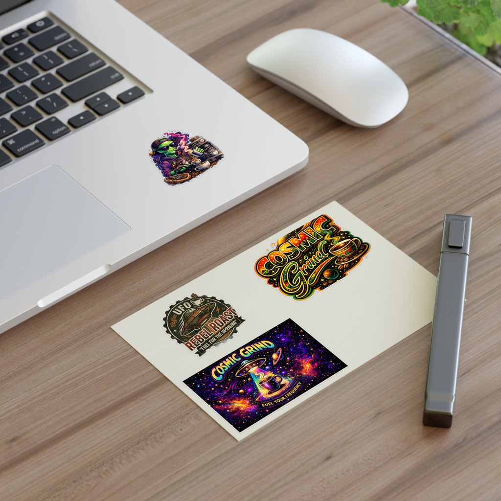 Cosmic Grind Coffee Sticker Sheet — Space Coffee, UFO & Alien Brew Decals Printify