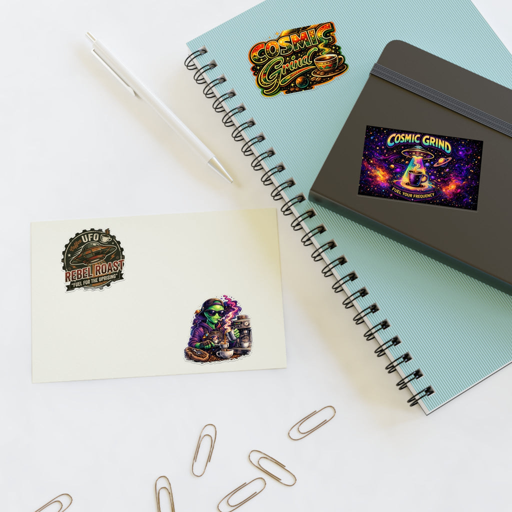 Cosmic Grind Coffee Sticker Sheet — Space Coffee, UFO & Alien Brew Decals Printify