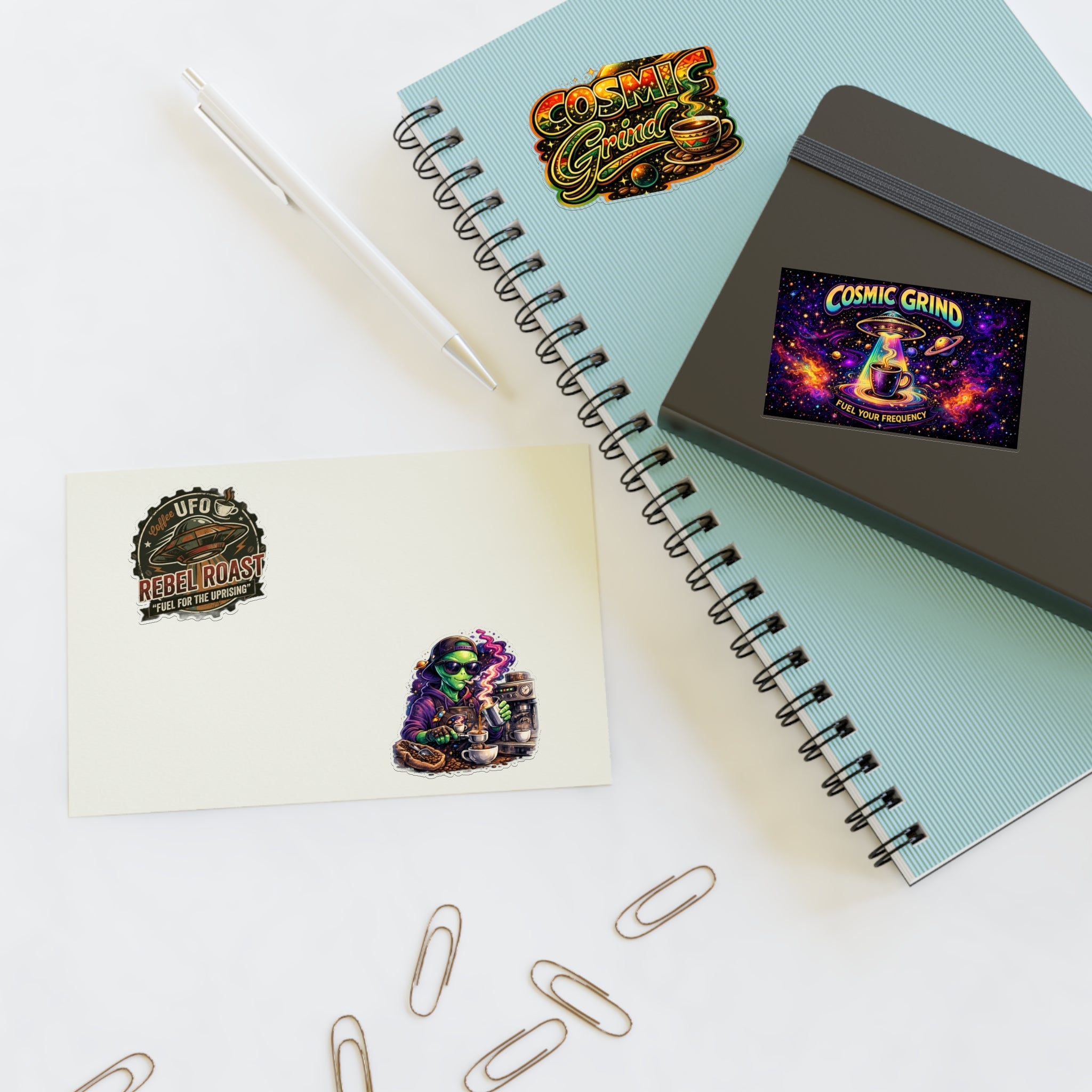 Cosmic Grind Coffee Sticker Sheet — Space Coffee, UFO & Alien Brew Decals Printify