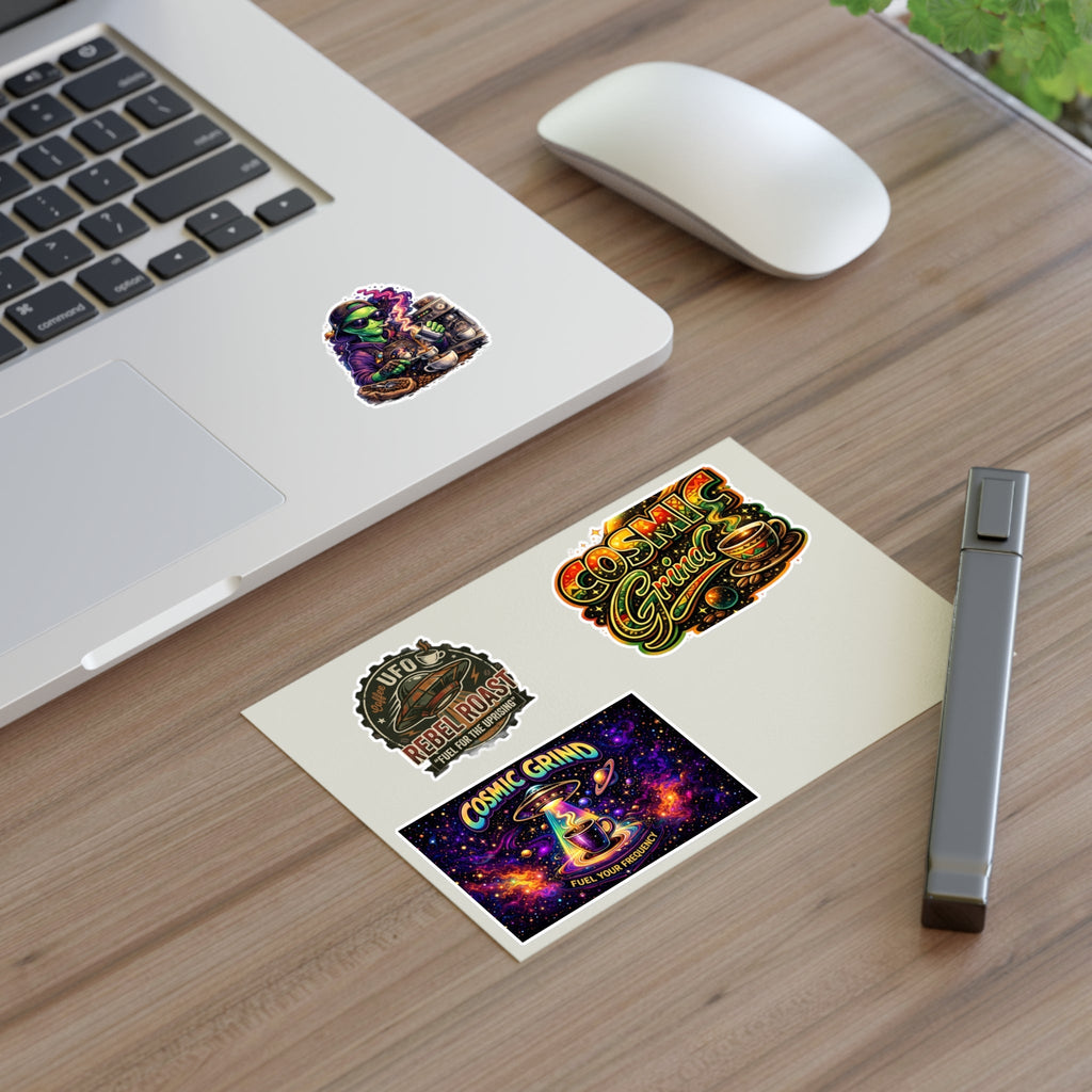 Cosmic Grind Coffee Sticker Sheet — Space Coffee, UFO & Alien Brew Decals Printify