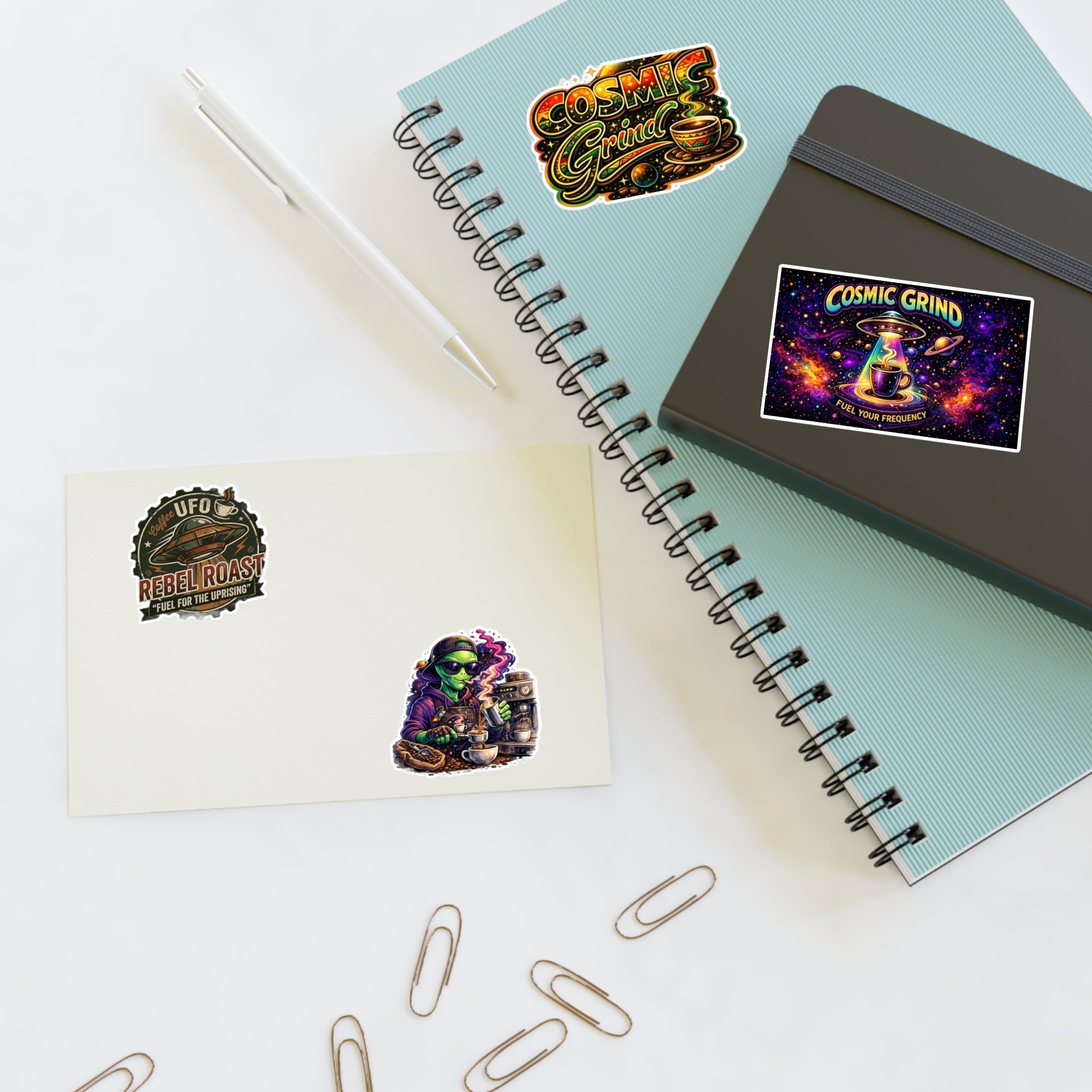 Cosmic Grind Coffee Sticker Sheet — Space Coffee, UFO & Alien Brew Decals Printify