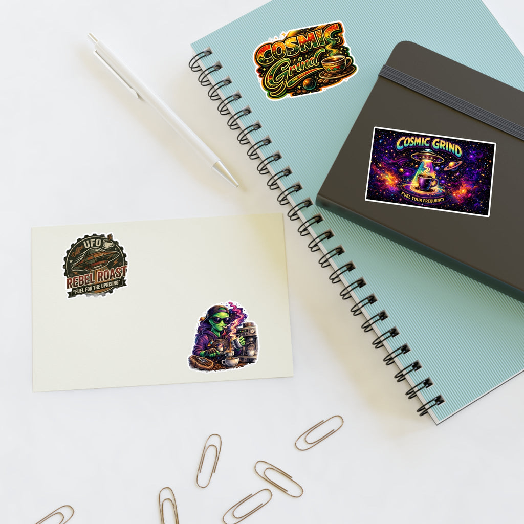 Cosmic Grind Coffee Sticker Sheet — Space Coffee, UFO & Alien Brew Decals Printify