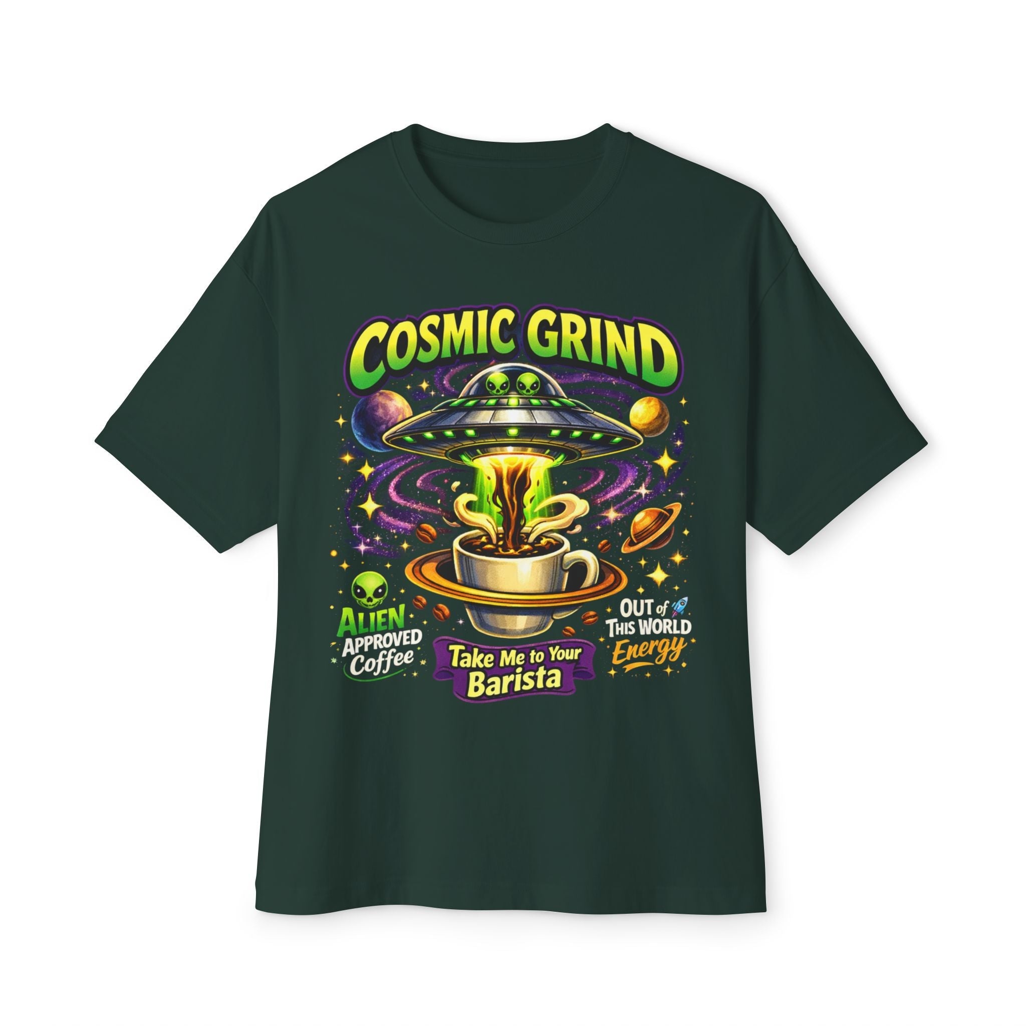 Cosmic Grind Coffee Tee — Alien-Approved UFO Coffee Shirt Printify