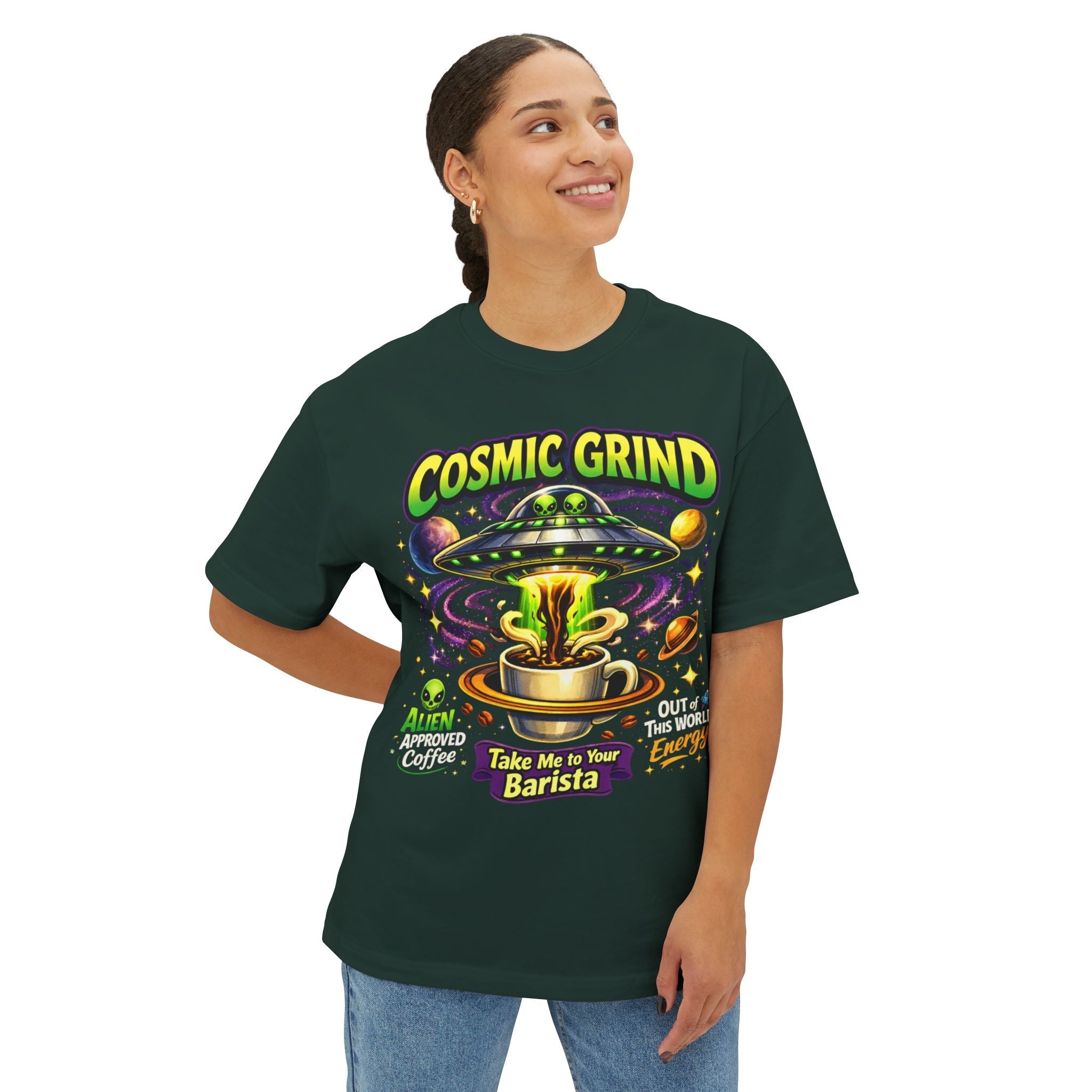 Cosmic Grind Coffee Tee — Alien-Approved UFO Coffee Shirt Printify