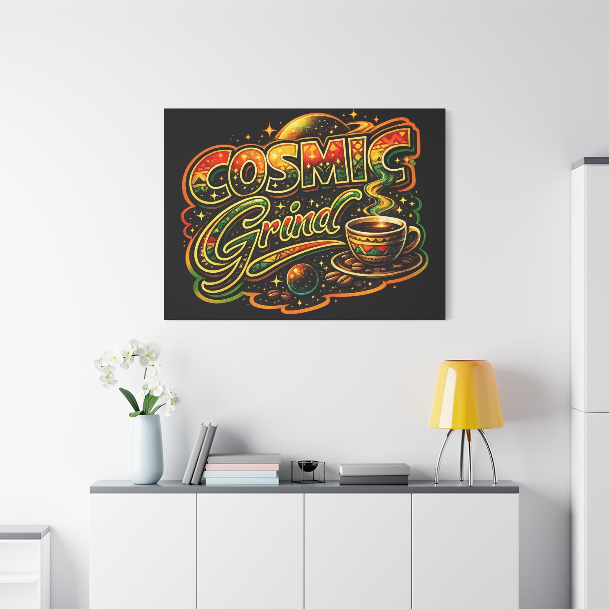Cosmic Grind Coffee Canvas Print — Retro Space Coffee Wall Art Printify