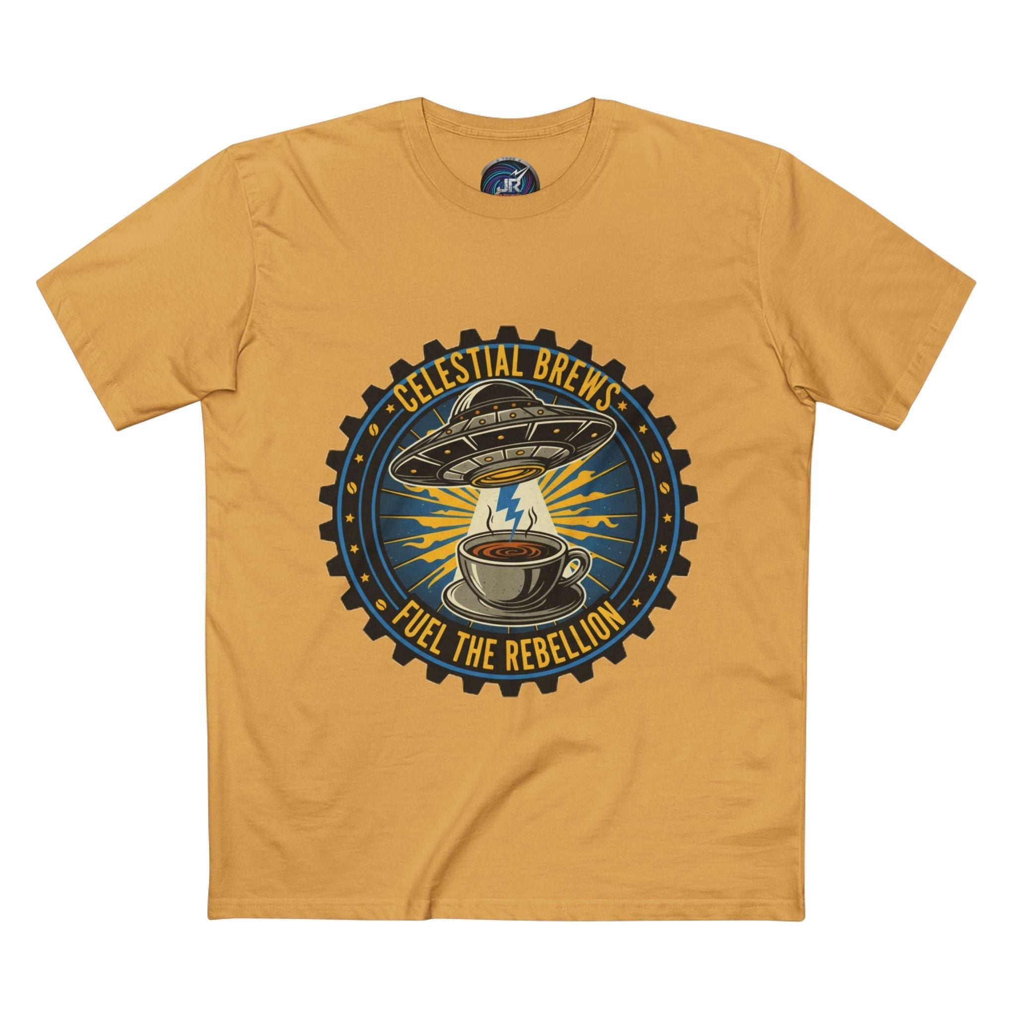 Cosmic Grind T-Shirt — “Fuel the Rebellion” Retro Sci-Fi Coffee Graphic Tee Printify