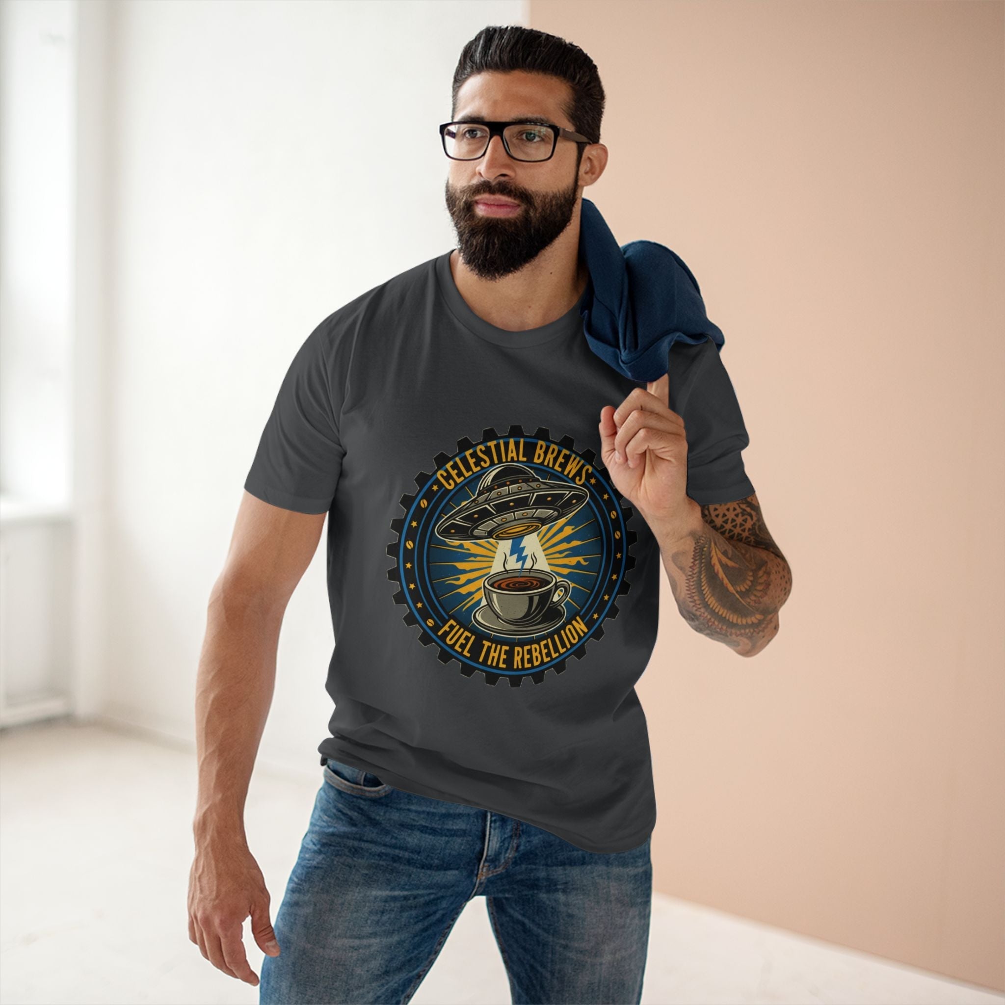 Cosmic Grind T-Shirt — “Fuel the Rebellion” Retro Sci-Fi Coffee Graphic Tee Printify