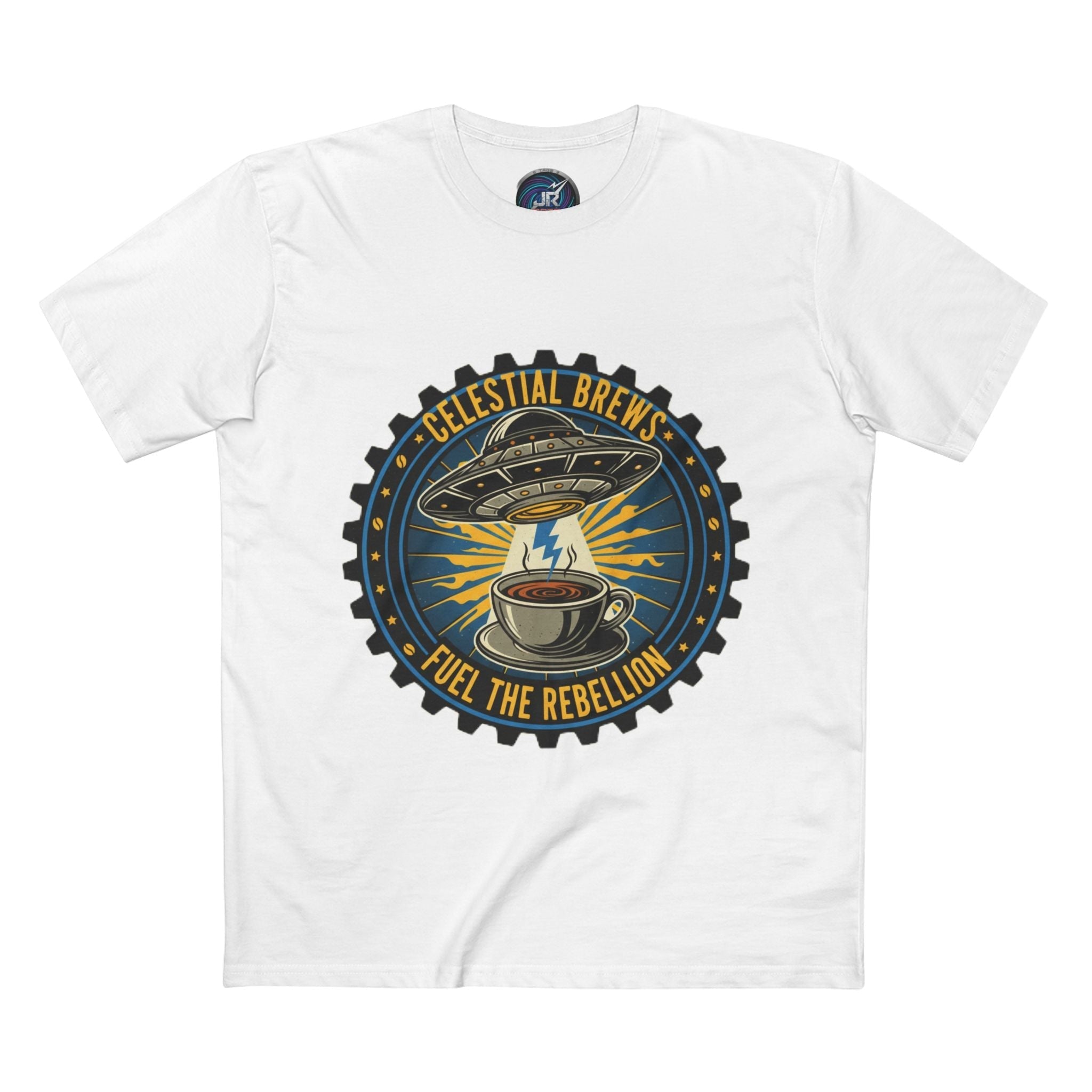 Cosmic Grind T-Shirt — “Fuel the Rebellion” Retro Sci-Fi Coffee Graphic Tee Printify