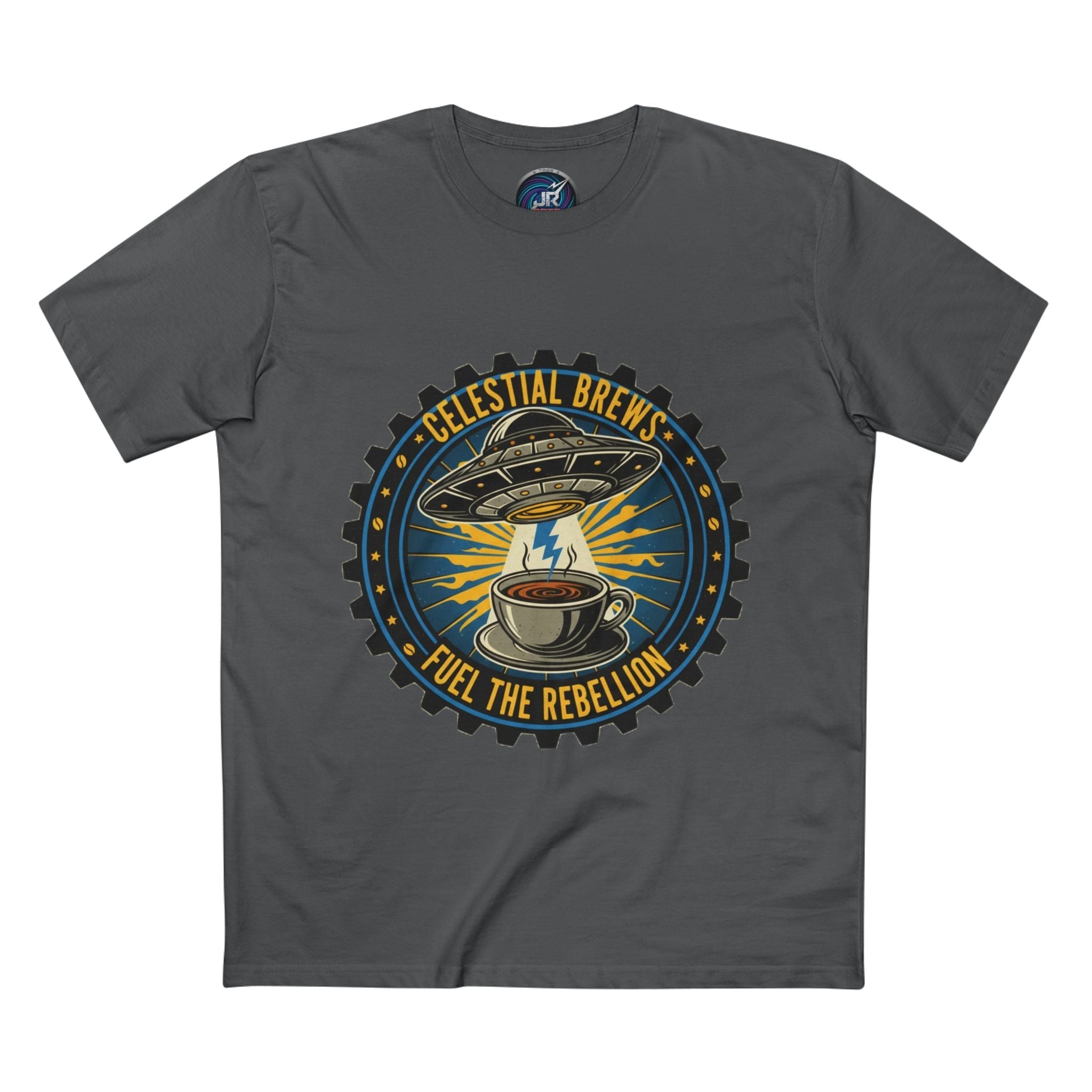 Cosmic Grind T-Shirt — “Fuel the Rebellion” Retro Sci-Fi Coffee Graphic Tee Printify