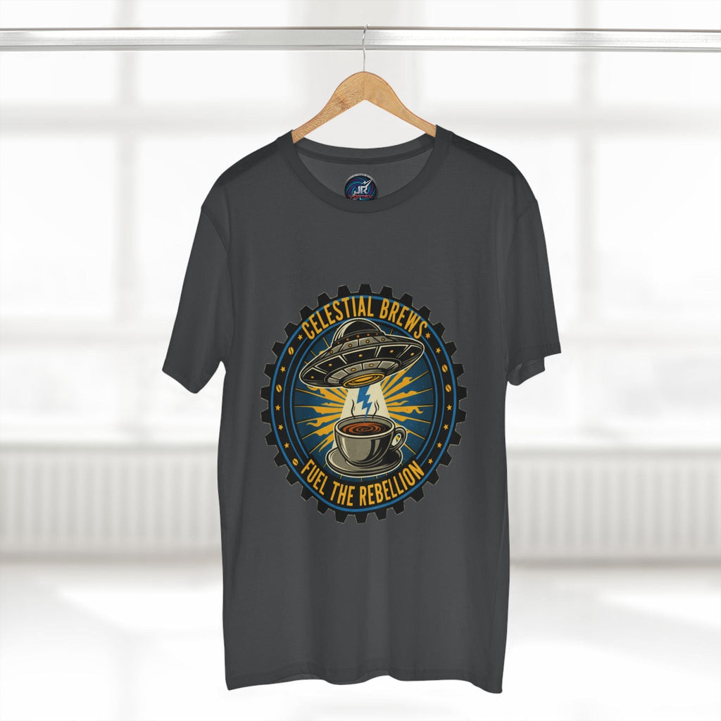Cosmic Grind T-Shirt — “Fuel the Rebellion” Retro Sci-Fi Coffee Graphic Tee Printify