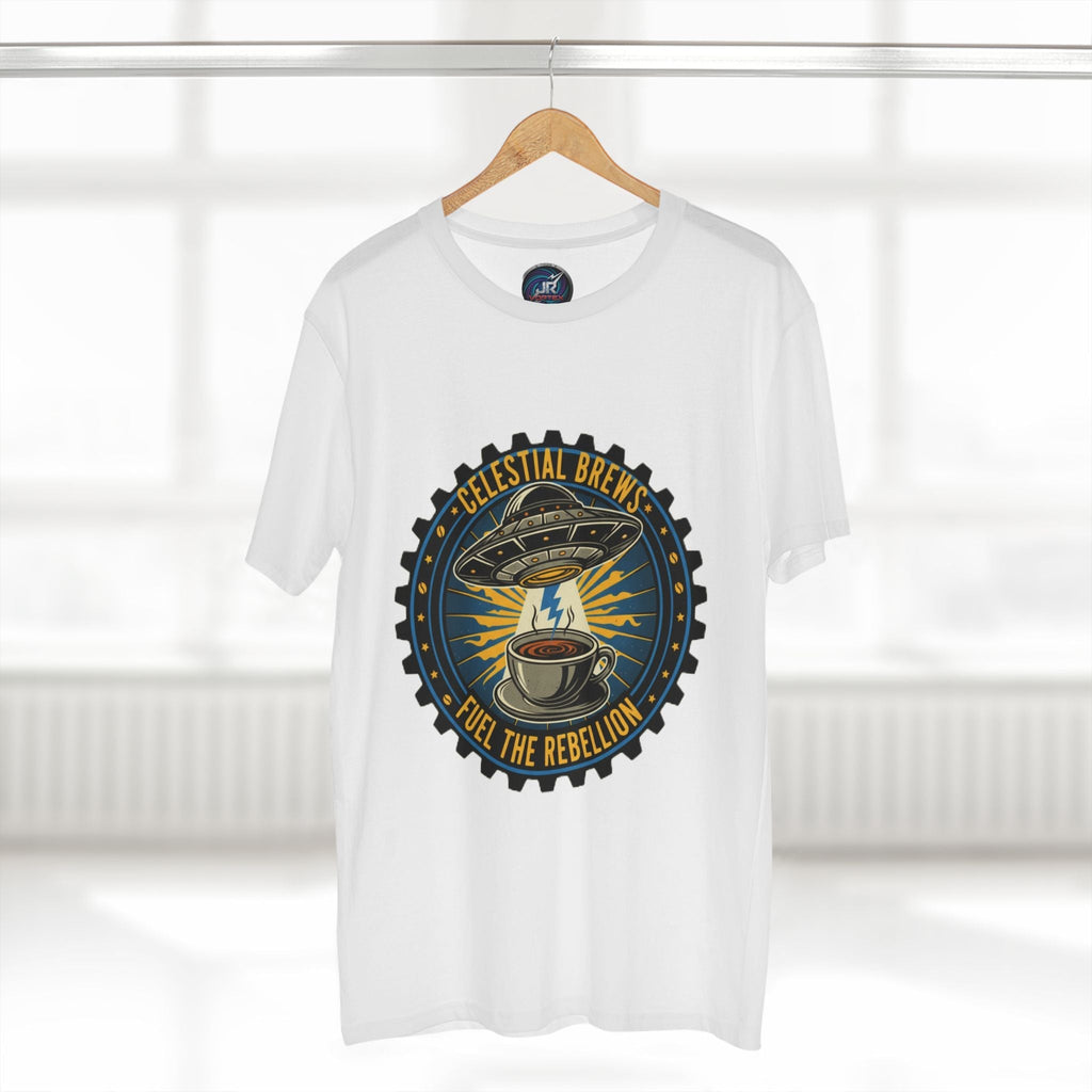 Cosmic Grind T-Shirt — “Fuel the Rebellion” Retro Sci-Fi Coffee Graphic Tee Printify