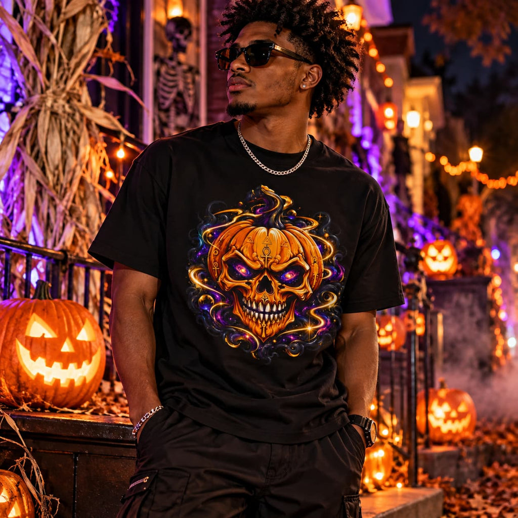 Cosmic Pumpkin Skull Tee – Halloween Streetwear