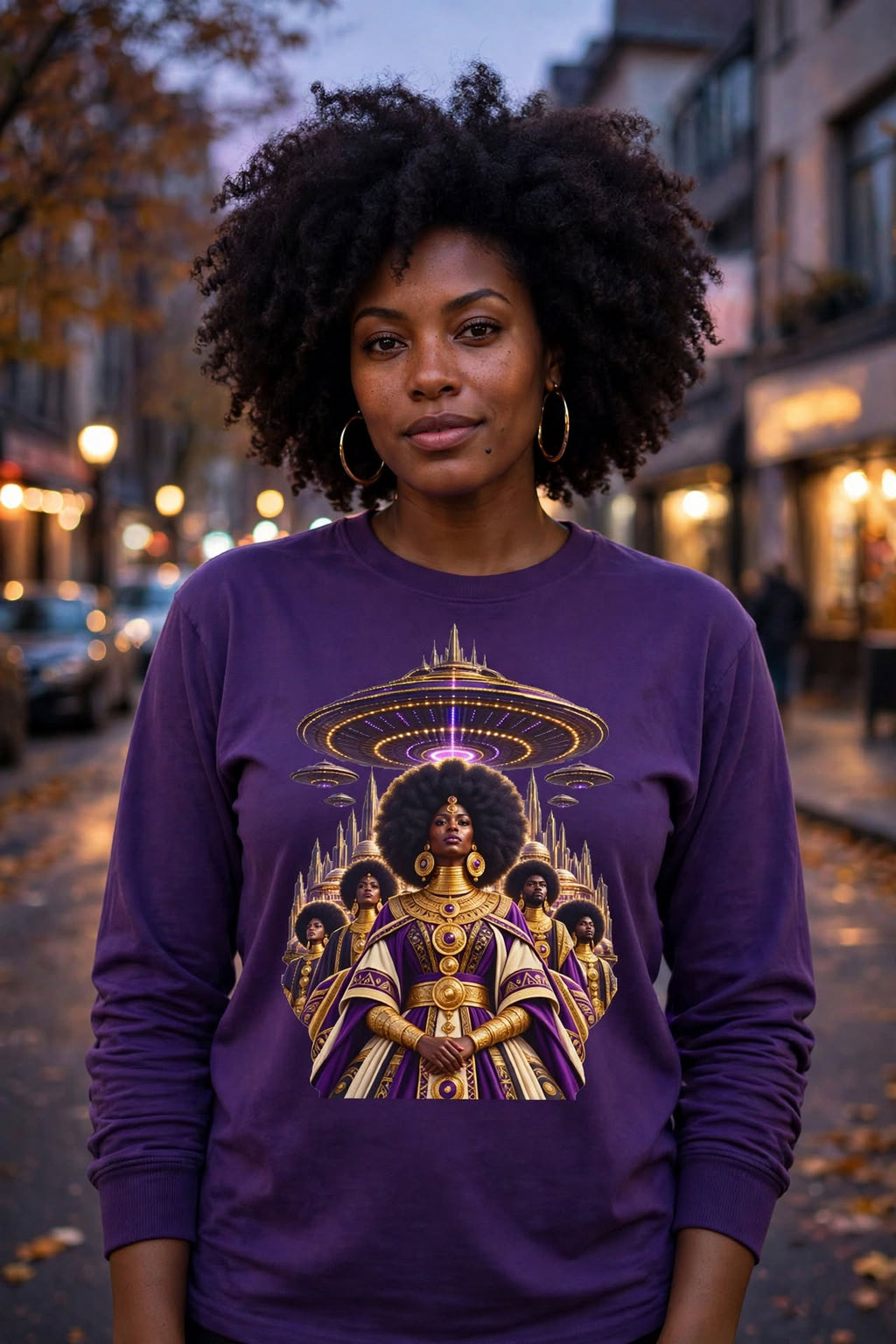 Close-up of the Cosmic Queen long sleeve print: Afrofuturist goddess crowned by a gold UFO fleet on a purple tee