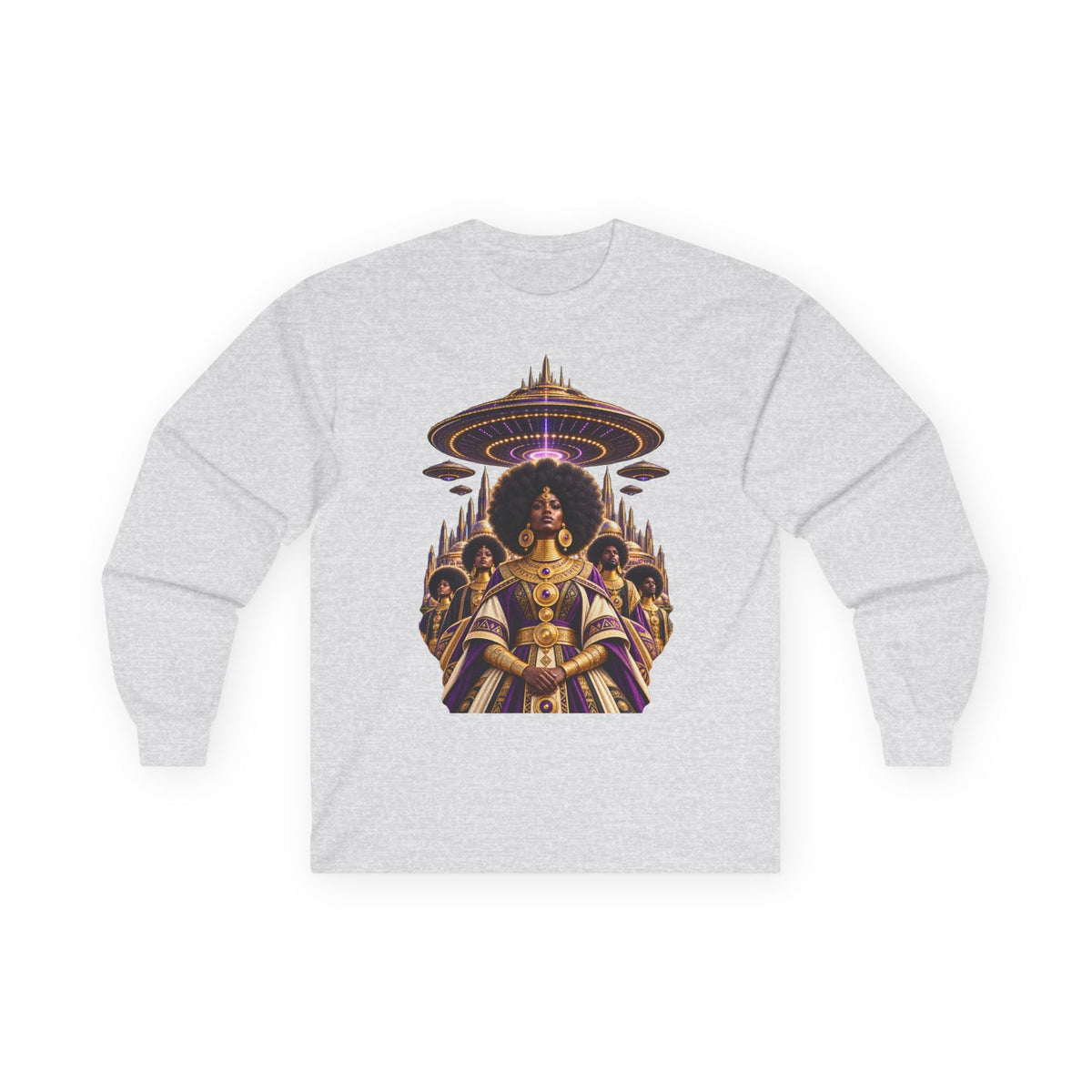 Cosmic Queen Afrofuturist long sleeve graphic tee by JR Vortex, alternate view