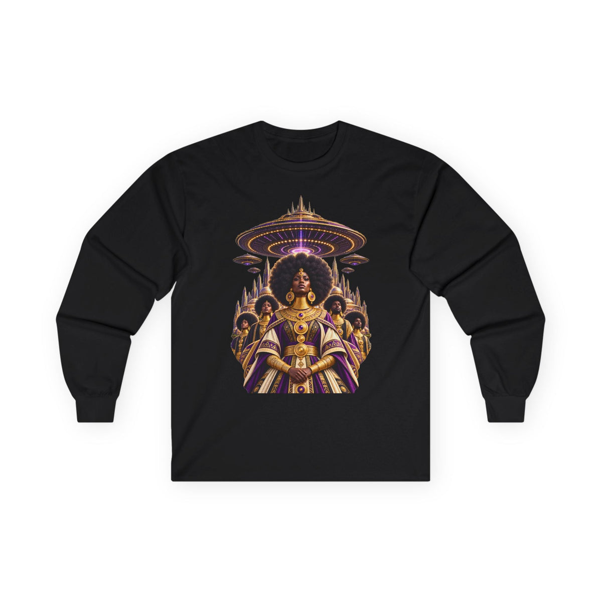 Cosmic Queen long sleeve tee in Purple, front view, Divine Feminine Afrofuturist UFO art by JR Vortex