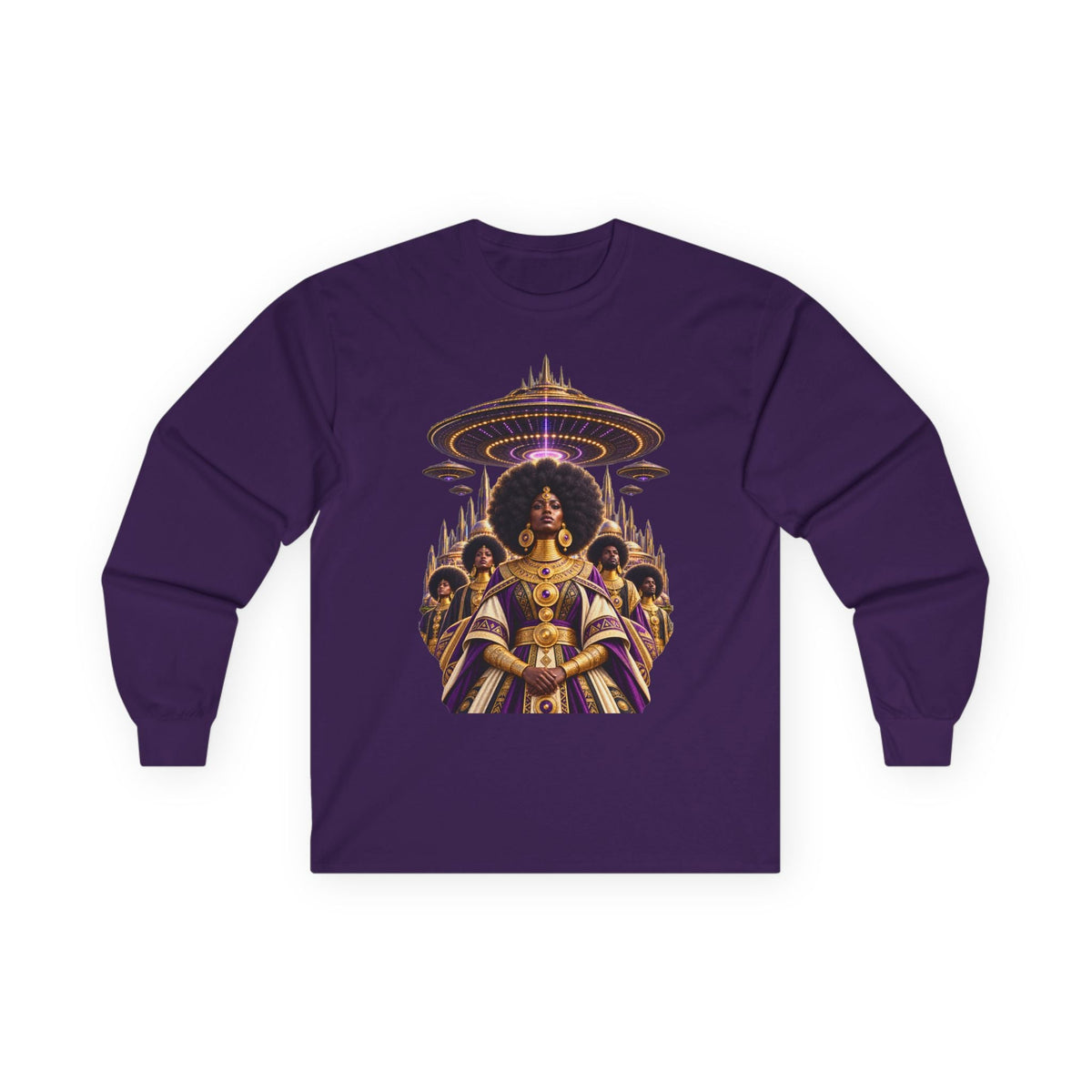 Cosmic Queen Afrofuturist long sleeve graphic tee by JR Vortex, alternate view