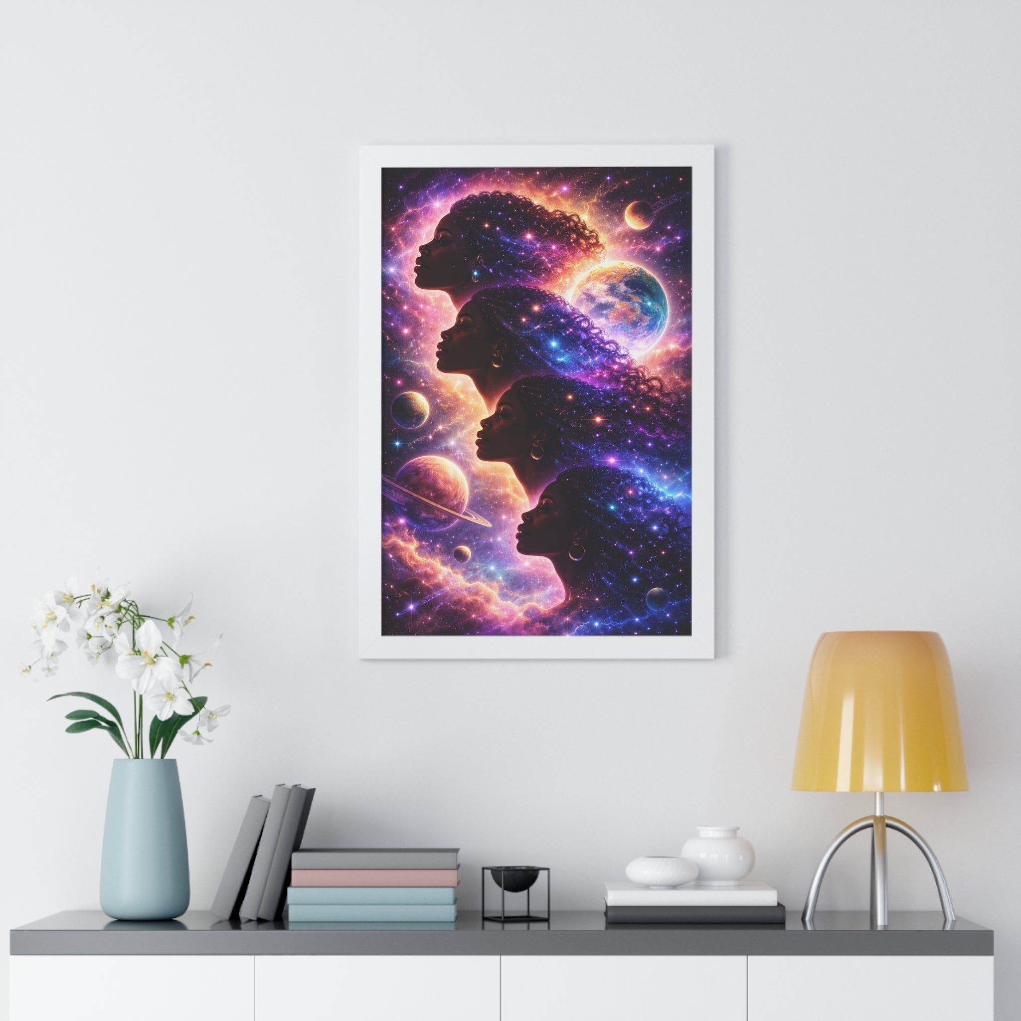Cosmic Queens Framed Poster — Afrocentric Galaxy Art Print Printify