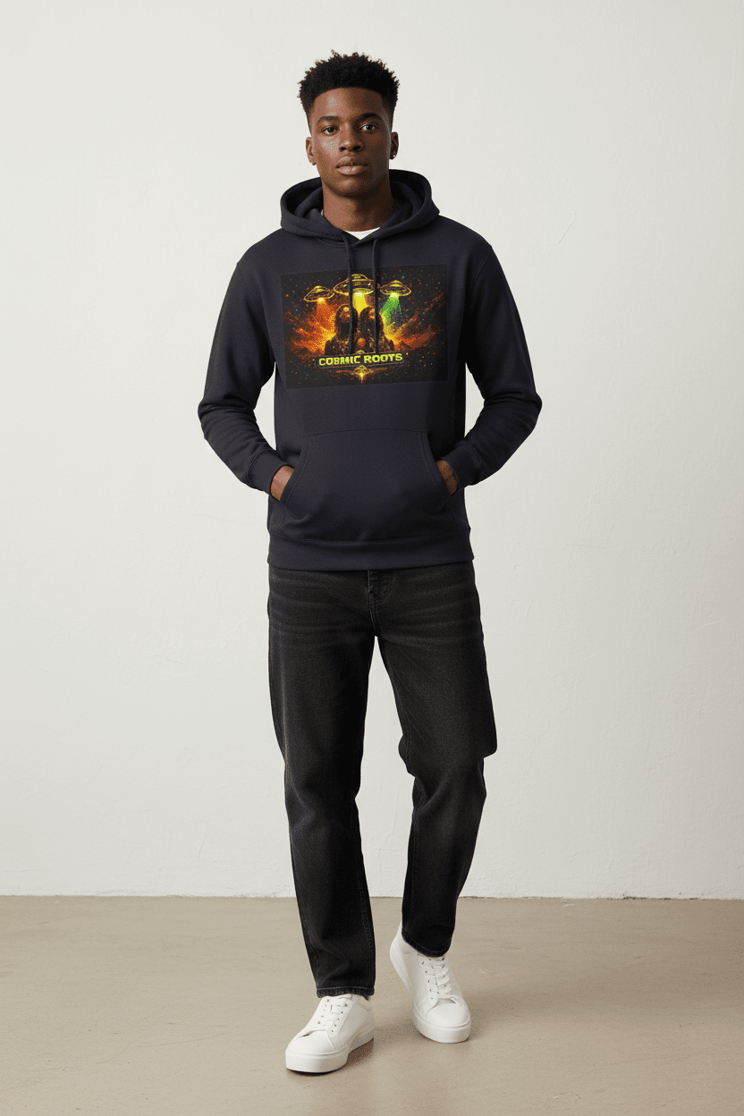 Black model wearing navy Cosmic Roots hoodie