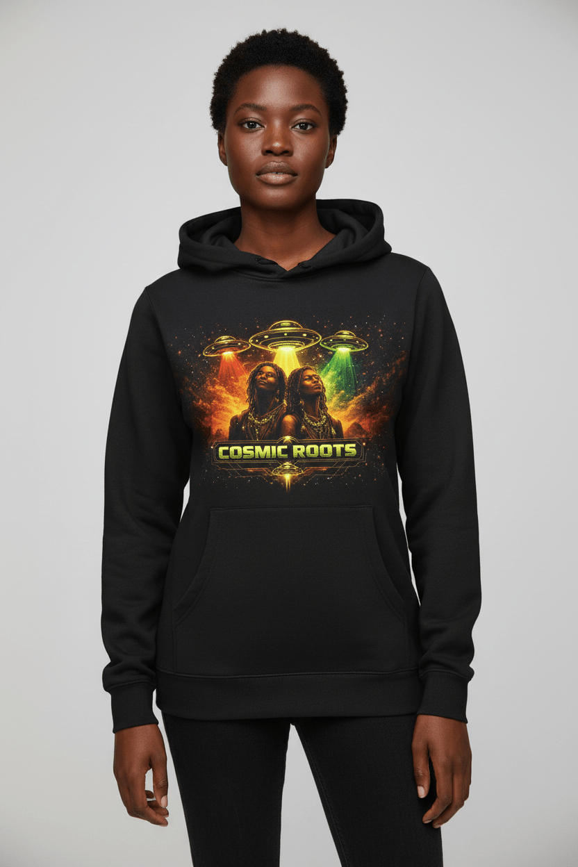 Black model wearing black Cosmic Roots hoodie
