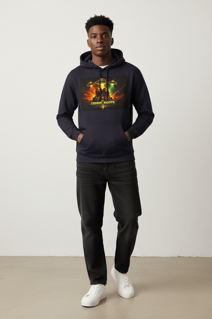 Black model wearing navy Cosmic Roots hoodie