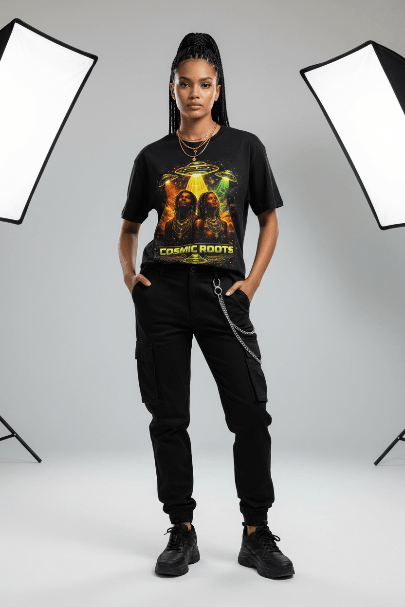 Female model wearing black Cosmic Roots shirt