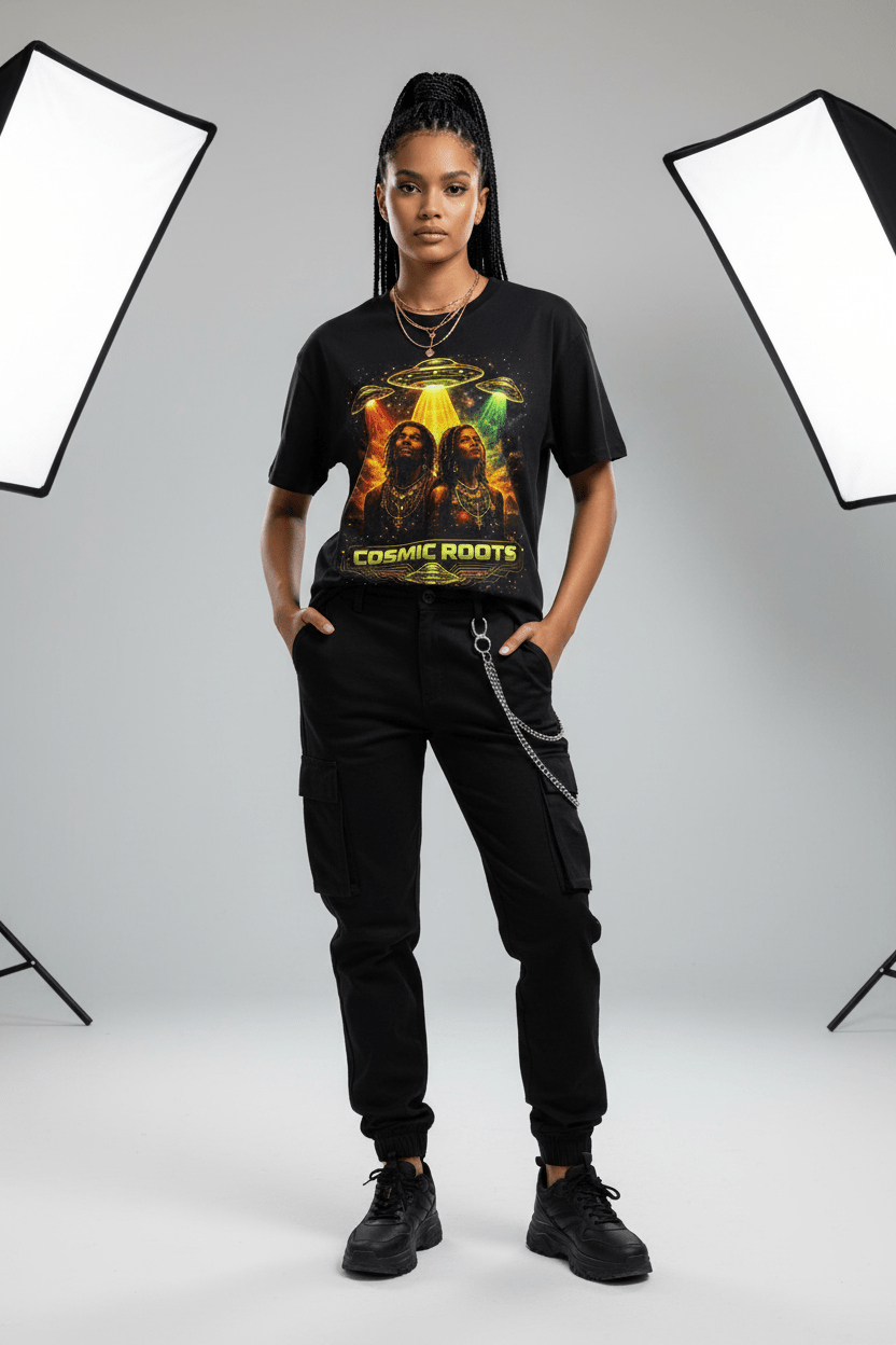 Female model wearing black Cosmic Roots shirt