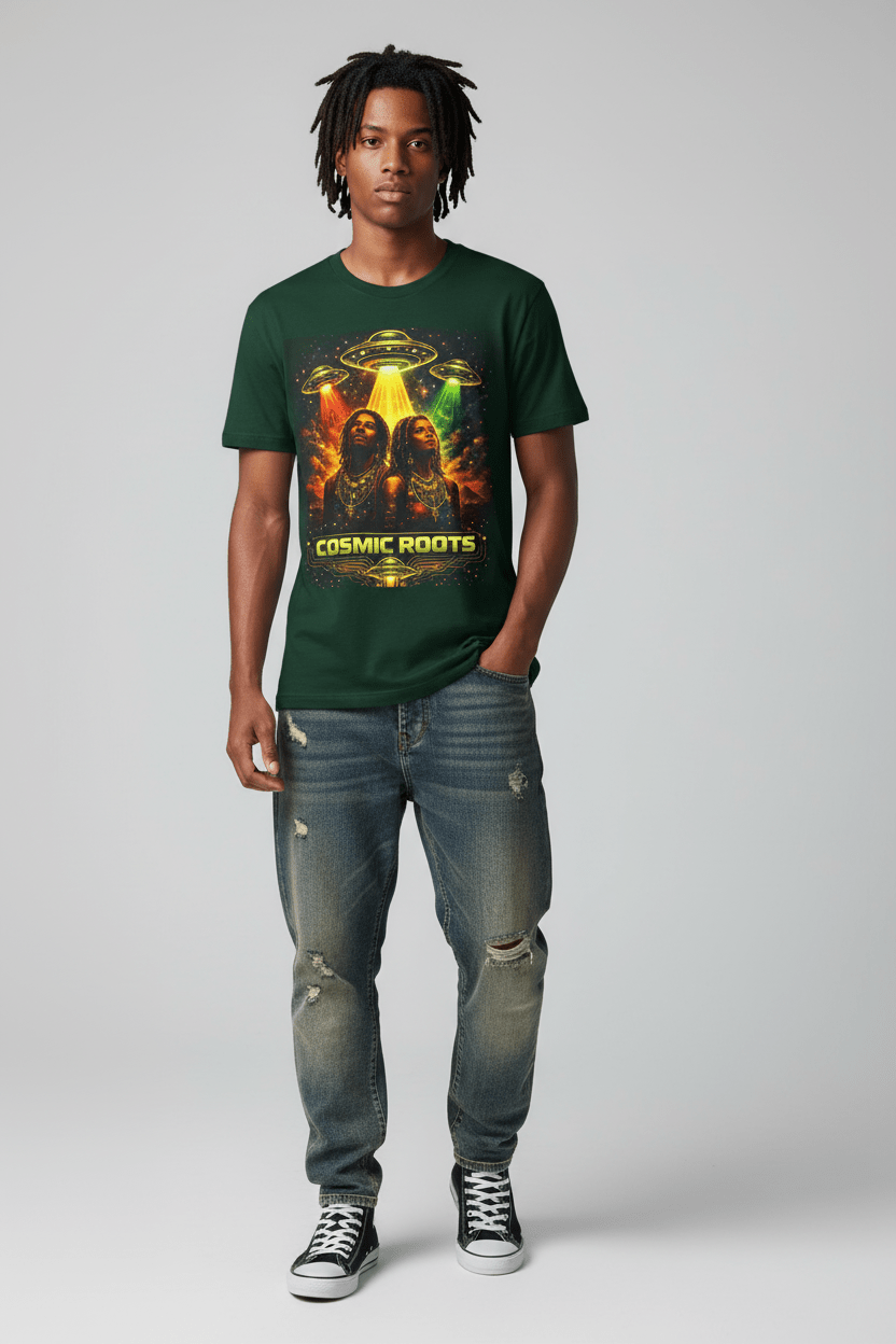 Model wearing green Cosmic Roots shirt