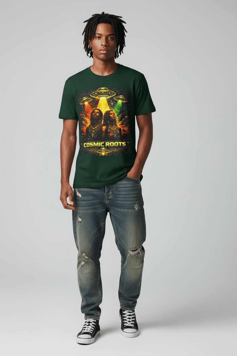 Model wearing green Cosmic Roots shirt