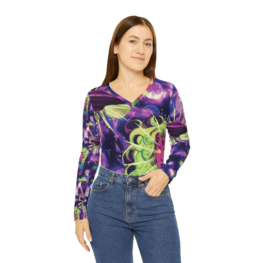 Cosmic Siren V-Neck Long Sleeve — Neon Space Goddess All-Over Print Shirt Printify