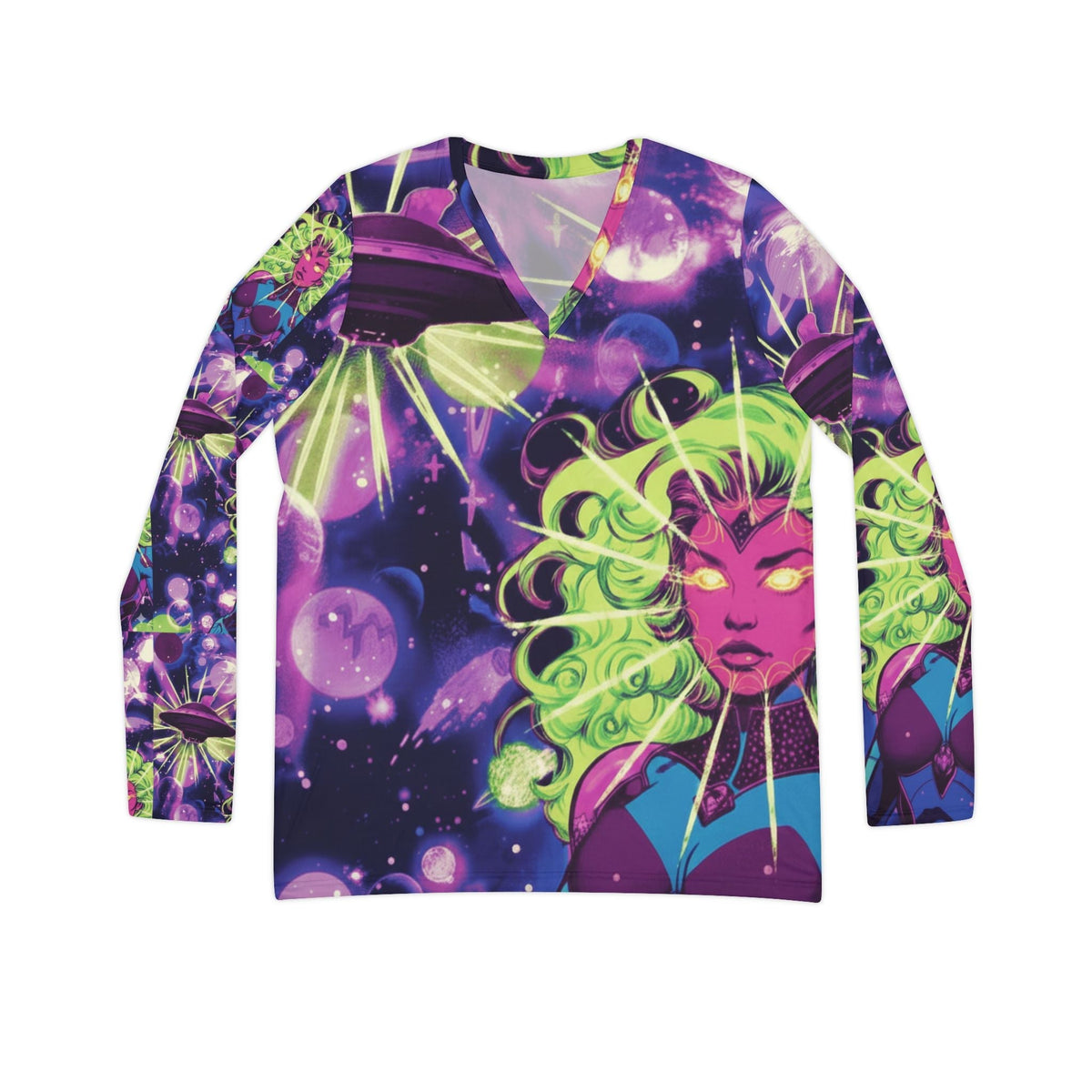 Cosmic Siren V-Neck Long Sleeve — Neon Space Goddess All-Over Print Shirt Printify